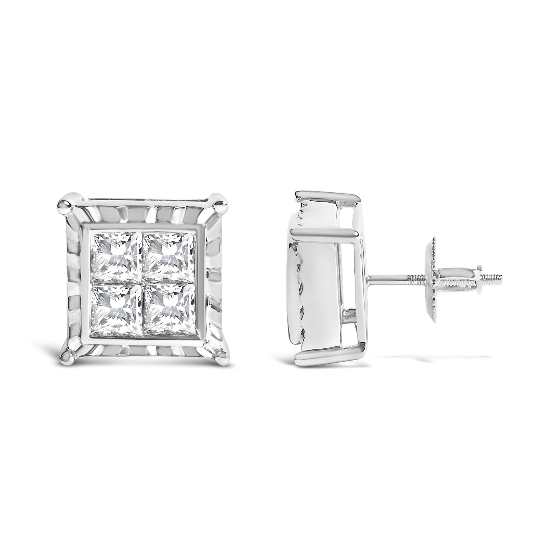 14K White Gold 2.00 Cttw Invisible Set Princess-Cut Lab Grown Diamond Wavy Quad Stud Earrings-3
