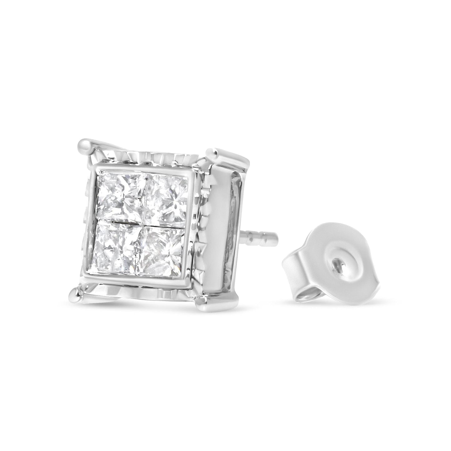 14K White Gold 1 1/2 Cttw Invisible Set Princess-Cut Diamond Contemporary Wavy Quad Stud Earrings (I-J Color, I1-I2 Clarity)-4