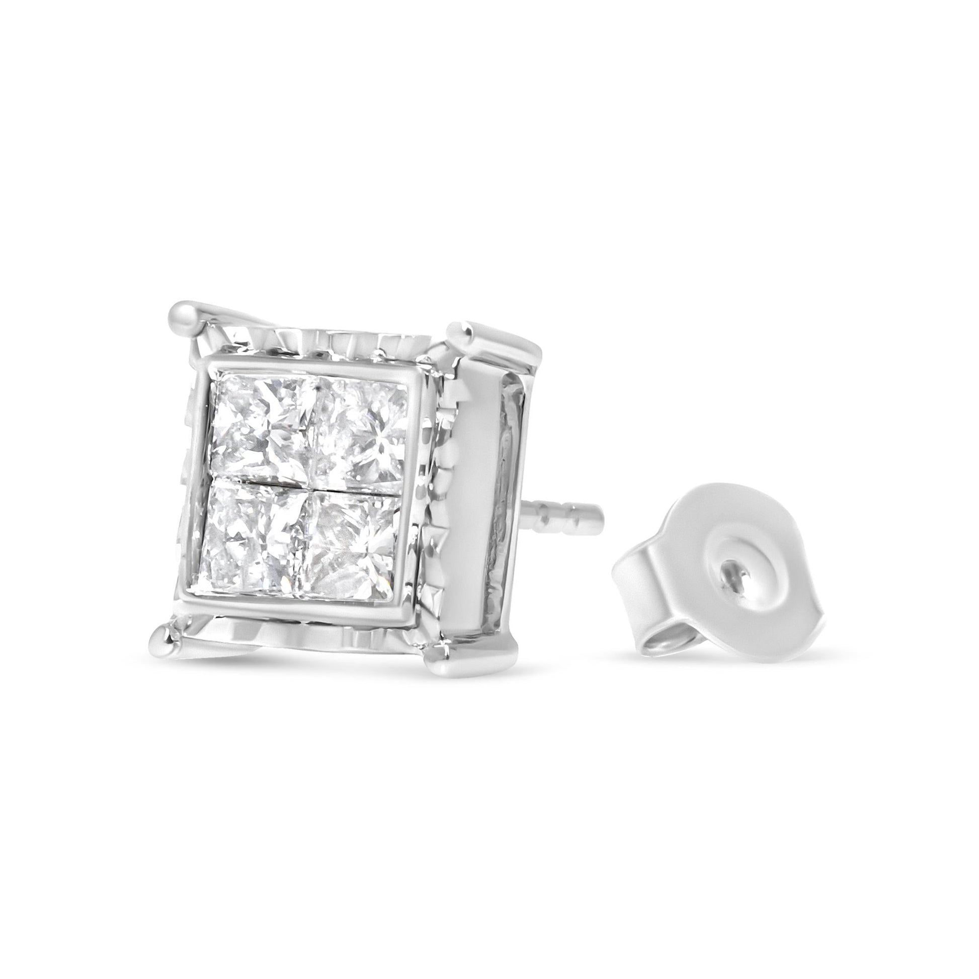 14K White Gold 2.00 Cttw Invisible Set Princess-Cut Lab Grown Diamond Wavy Quad Stud Earrings-4