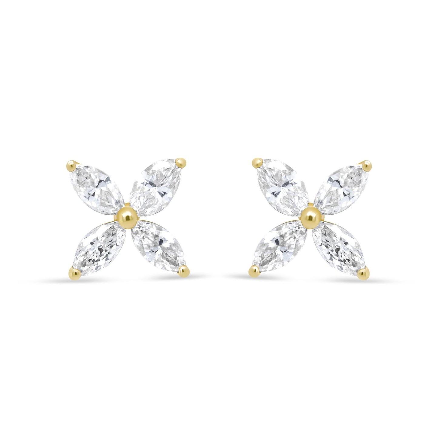 14K Gold Marquise Diamond 8 Stone Floral Leaf Stud Earrings (I-J Color, SI2-I1 Clarity)-0