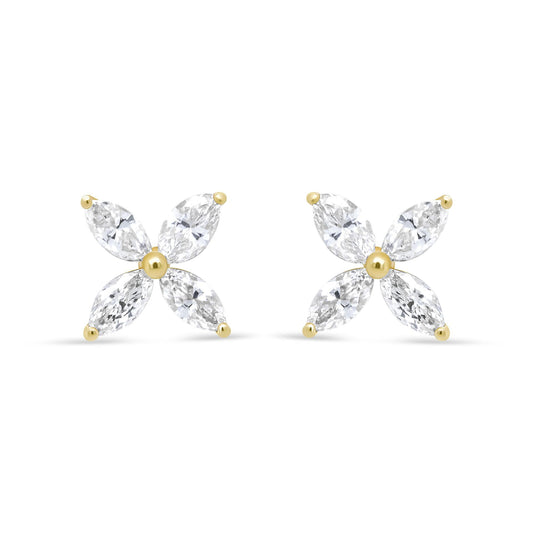 14K Gold Marquise Diamond 8 Stone Floral Leaf Stud Earrings (I-J Color, SI2-I1 Clarity)-0