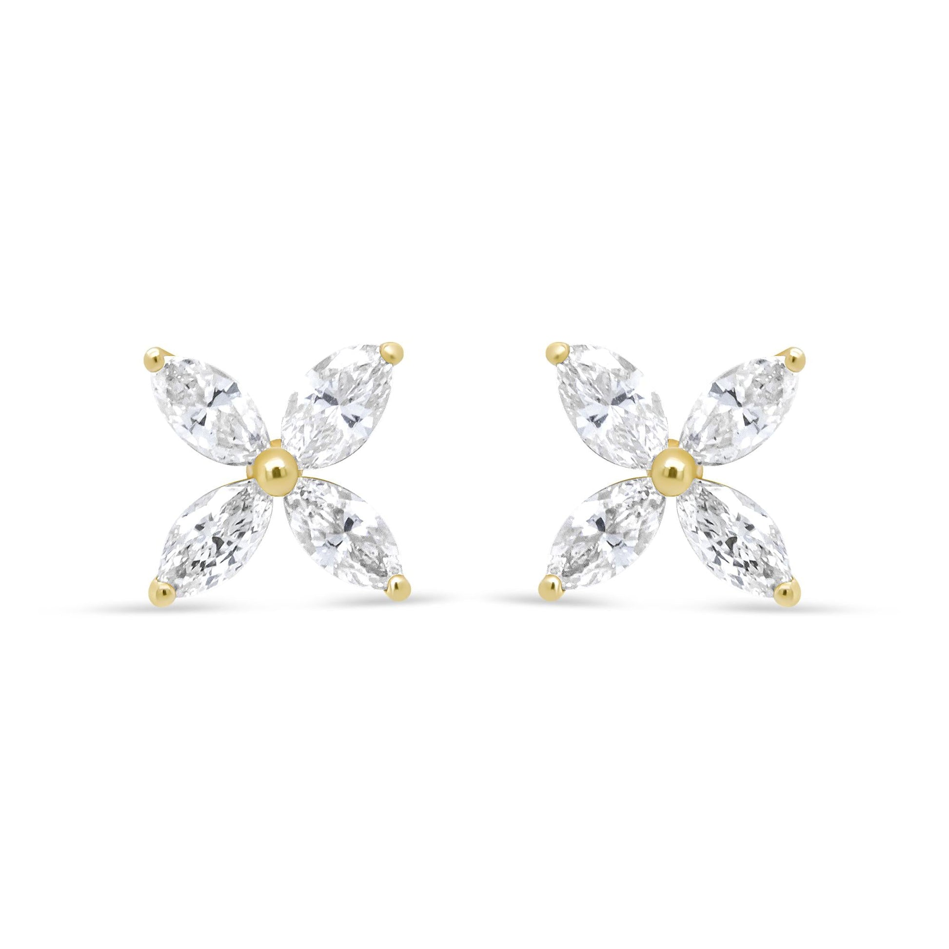 14K Gold Marquise Diamond 8 Stone Floral Leaf Stud Earrings (I-J Color, SI2-I1 Clarity)-0