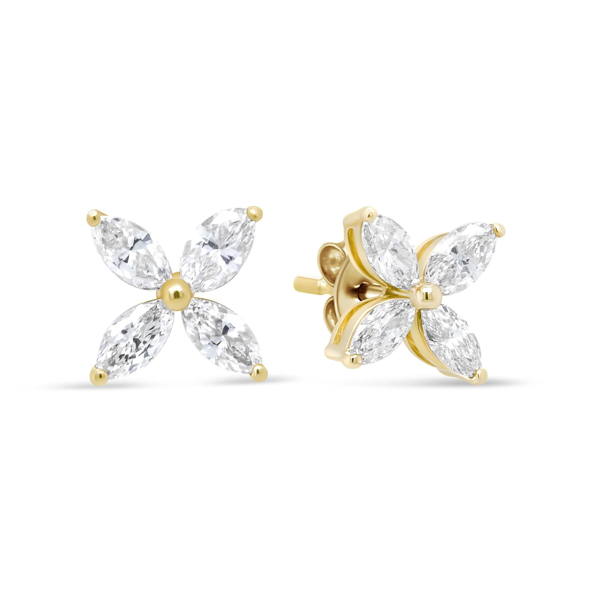 14K Gold Marquise Diamond 8 Stone Floral Leaf Stud Earrings (I-J Color, SI2-I1 Clarity)-3