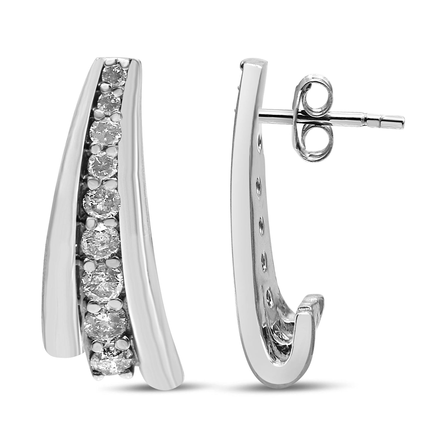 .925 Sterling Silver 1 Cttw Round Diamond Graduated Huggie Earrings (I2-I3 Clarity, I-J Color)-3