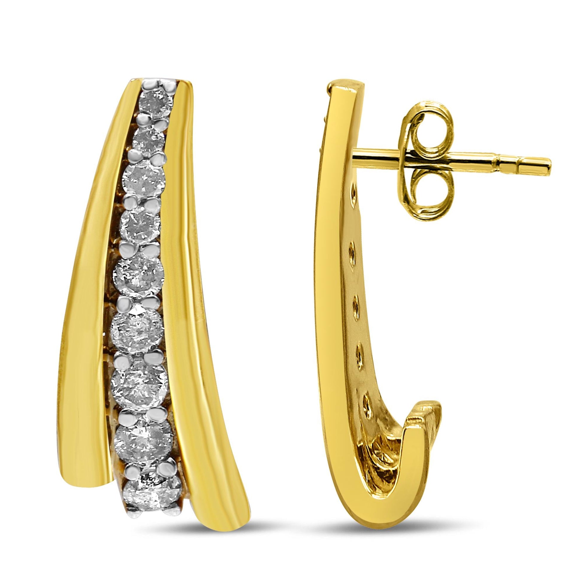 10K Yellow Gold Plated .925 Sterling Silver 1.00 Cttw Round Diamond Graduated Huggie Stud Earrings (I-J Color, I2-I3 Clarity)-3