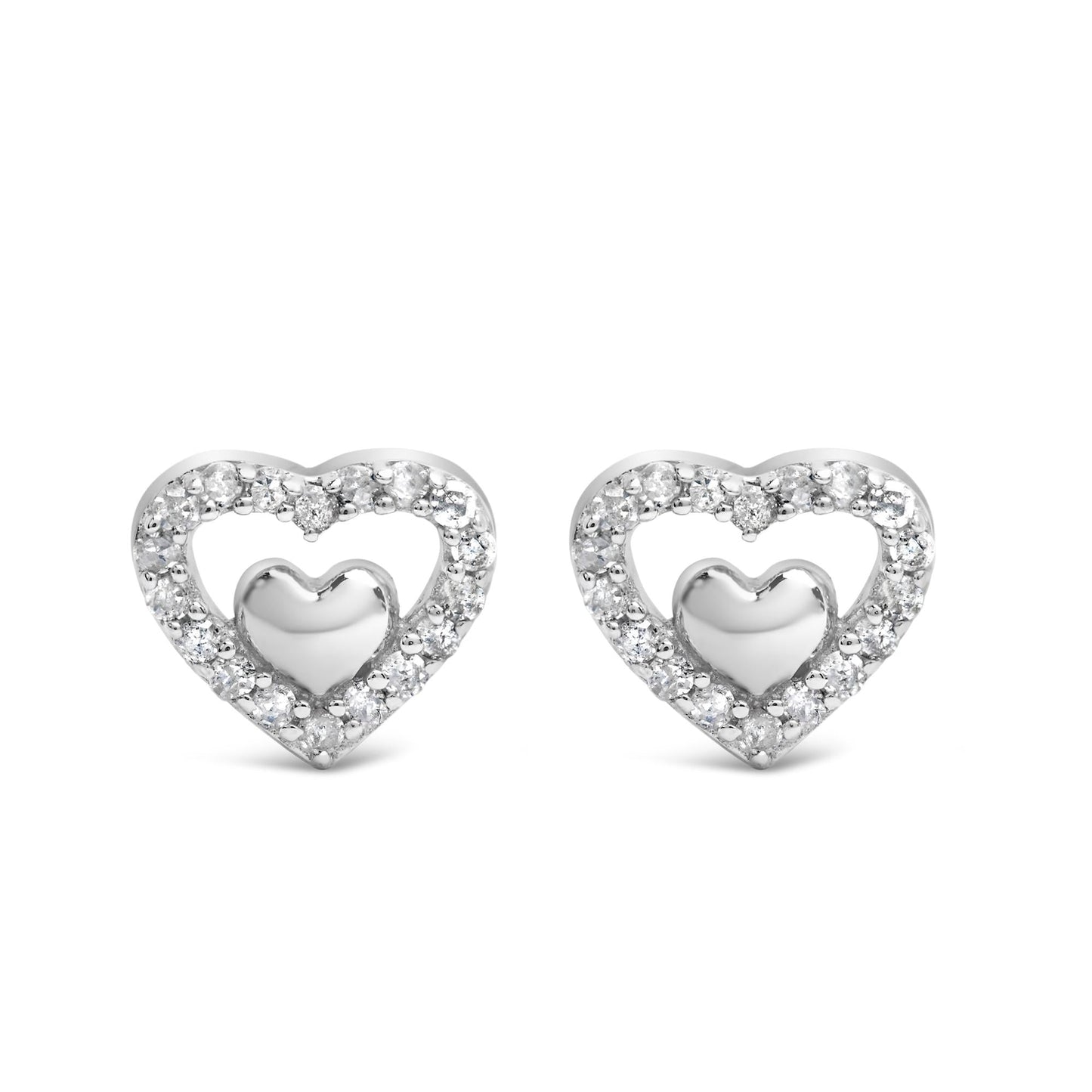 925 Sterling Silver 1/6 Cttw Diamond Open Double Heart Stud Earrings - Choice of Diamond Color-2