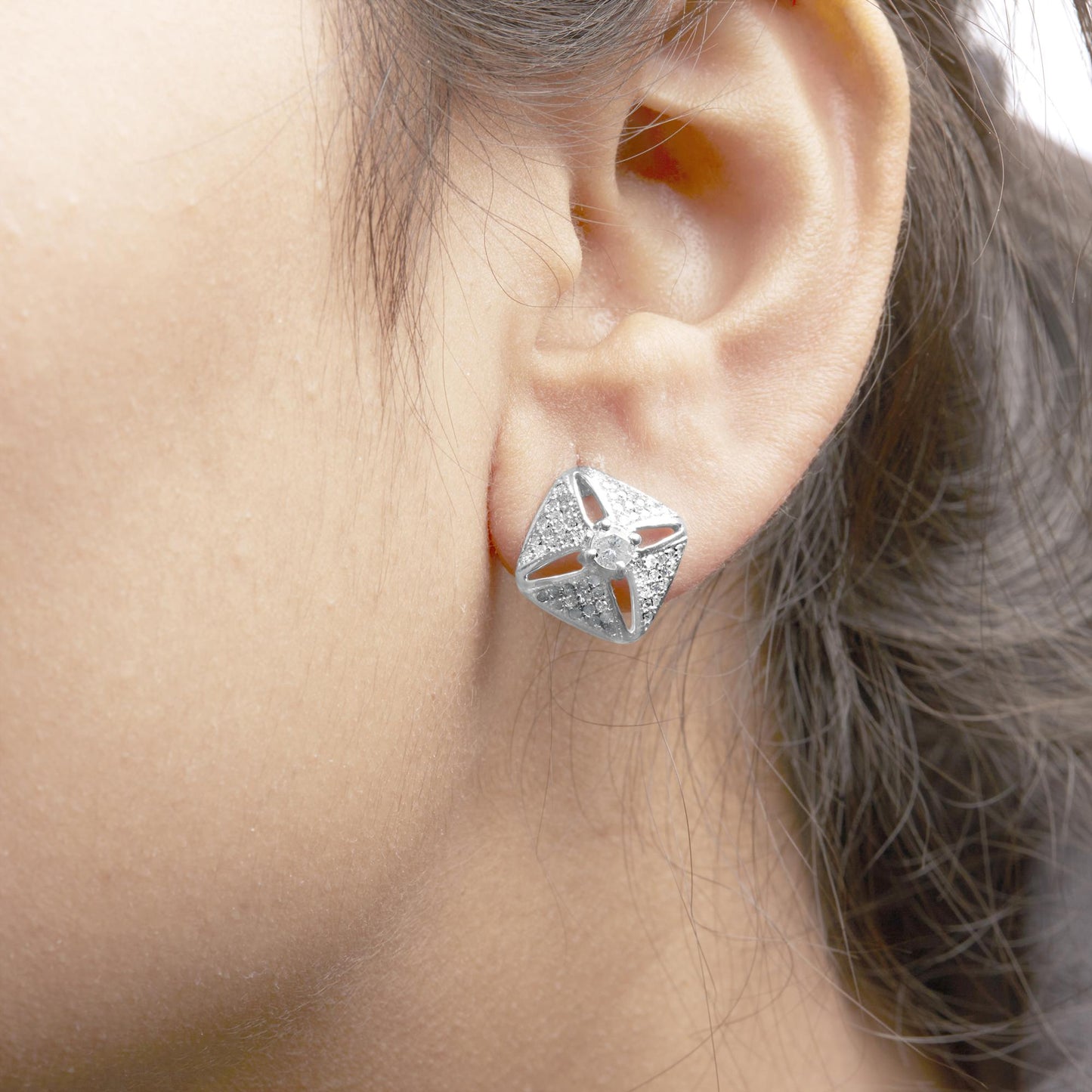 .925 Sterling Silver 1.0 Cttw Diamond Studded Rhombus Stud Earring (H-I Color, I2-I3 Clarity)-2