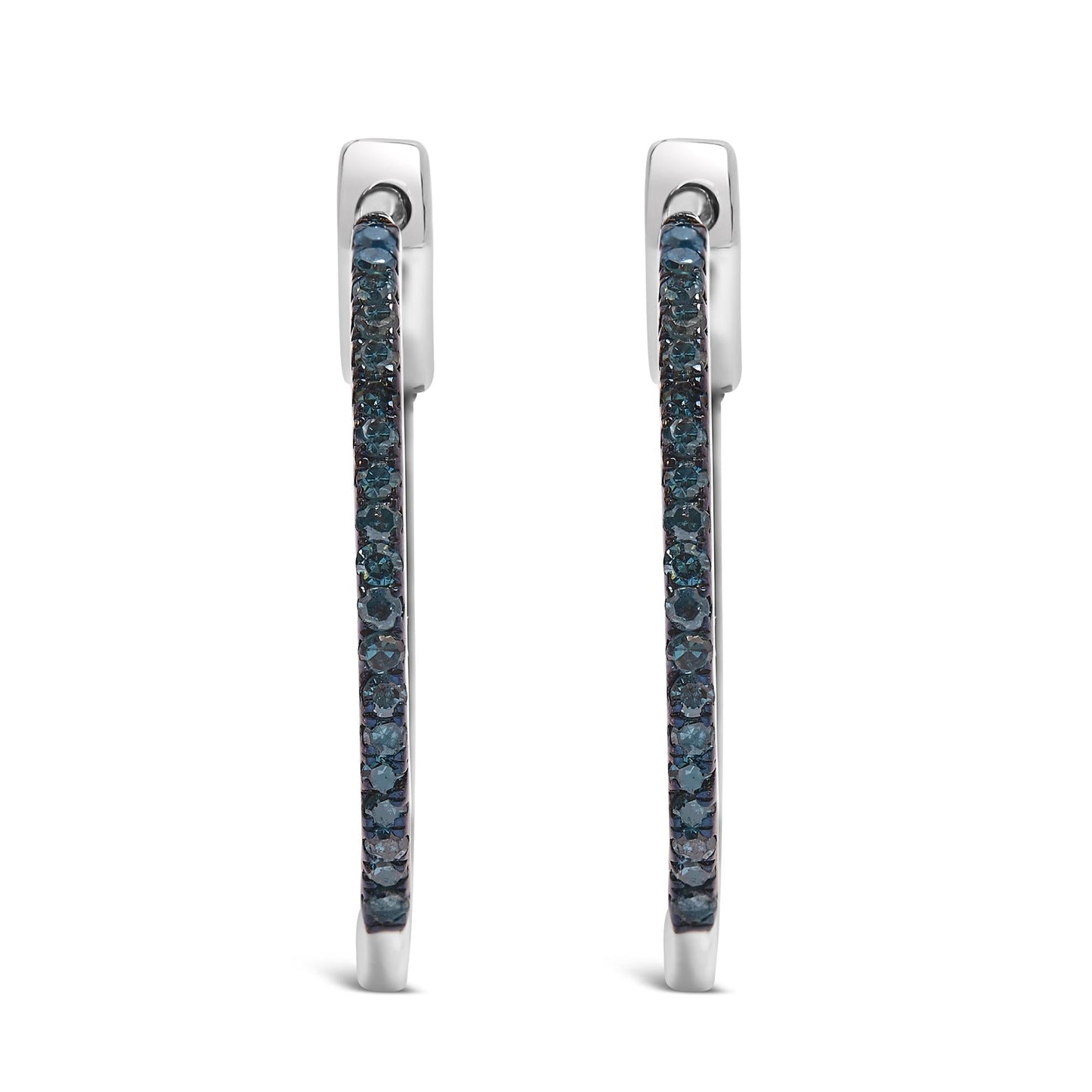 .925 Sterling Silver 1/3 Cttw Inside Out Blue Treated Diamond 1MM Wide Hoop Earrings (Blue Color, I2-I3 Clarity)-3