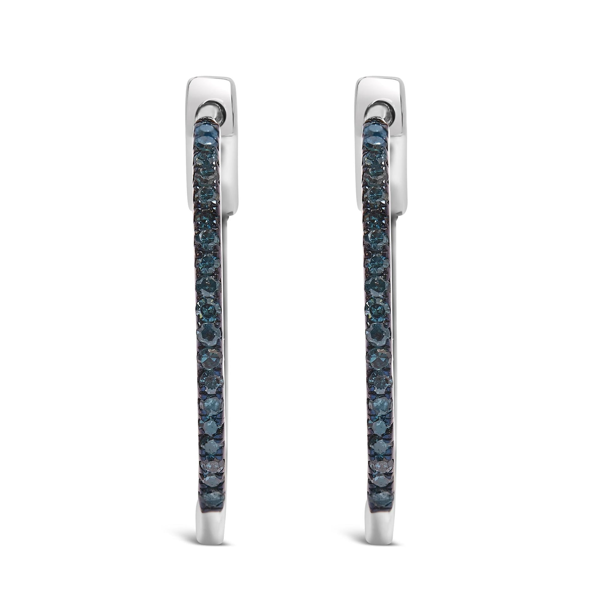 .925 Sterling Silver 1/3 Cttw Inside Out Blue Treated Diamond 1MM Wide Hoop Earrings (Blue Color, I2-I3 Clarity)-3