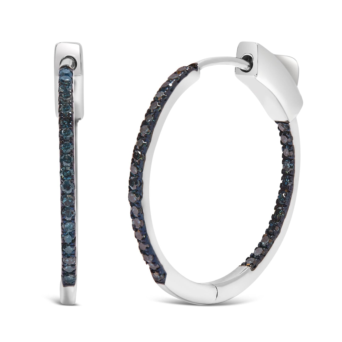 .925 Sterling Silver 1/3 Cttw Inside Out Blue Treated Diamond 1MM Wide Hoop Earrings (Blue Color, I2-I3 Clarity)-1