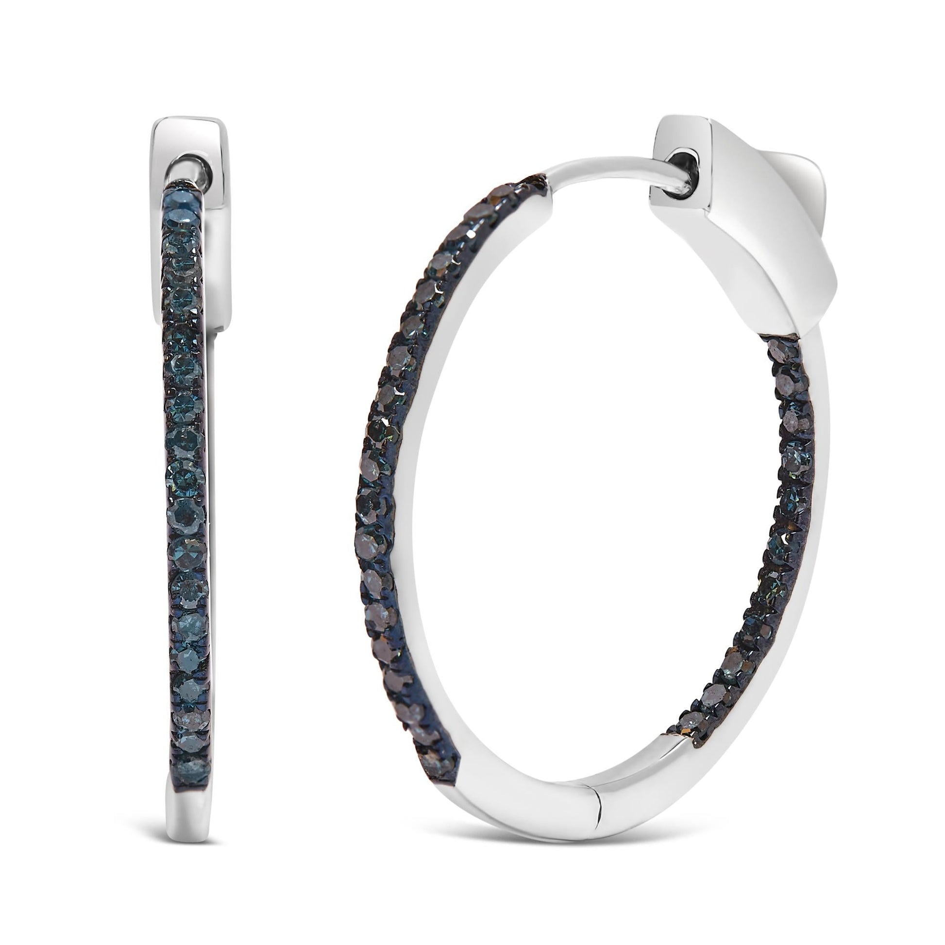 .925 Sterling Silver 1/3 Cttw Inside Out Blue Treated Diamond 1MM Wide Hoop Earrings (Blue Color, I2-I3 Clarity)-1