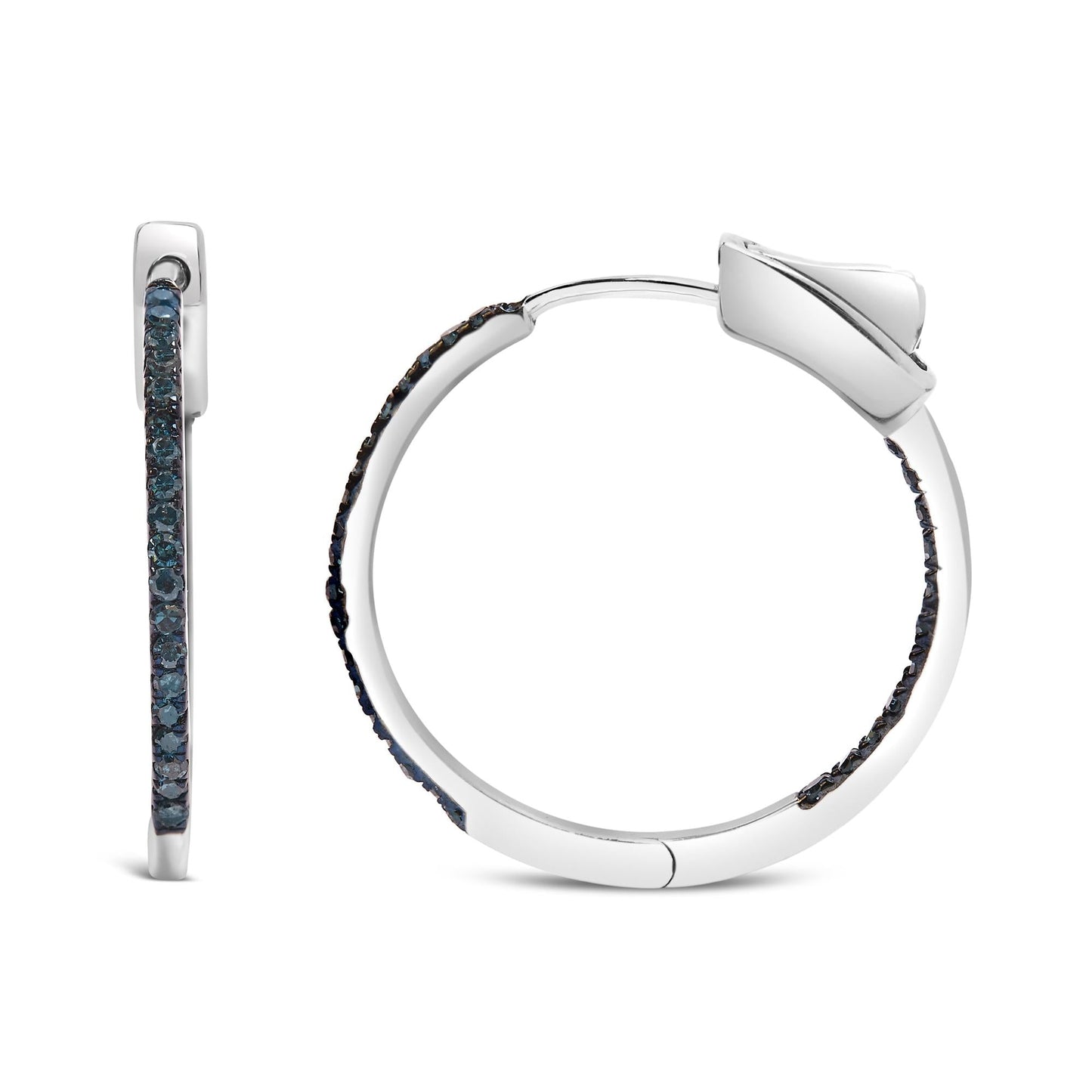 .925 Sterling Silver 1/3 Cttw Inside Out Blue Treated Diamond 1MM Wide Hoop Earrings (Blue Color, I2-I3 Clarity)-0
