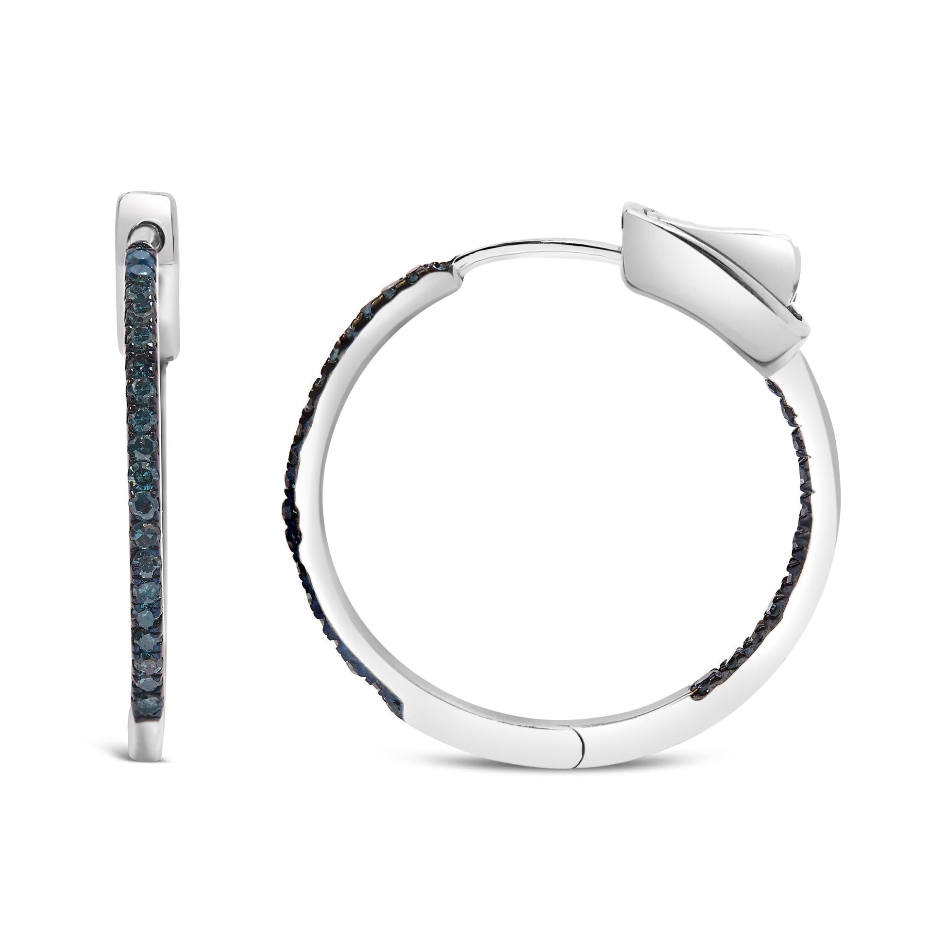 .925 Sterling Silver 1/3 Cttw Inside Out Blue Treated Diamond 1MM Wide Hoop Earrings (Blue Color, I2-I3 Clarity)-0