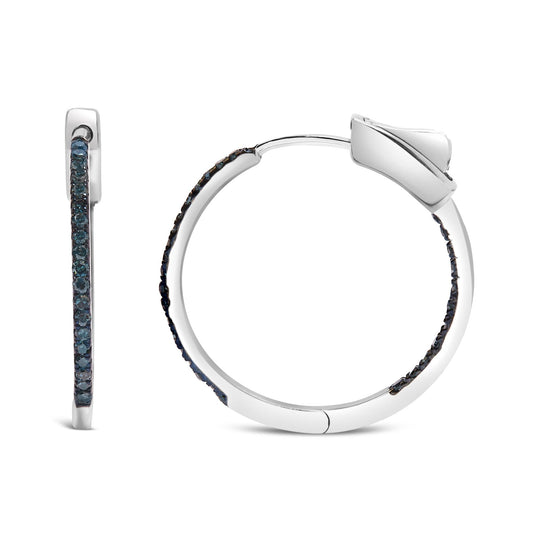 .925 Sterling Silver 1/3 Cttw Inside Out Blue Treated Diamond 1MM Wide Hoop Earrings (Blue Color, I2-I3 Clarity)-0