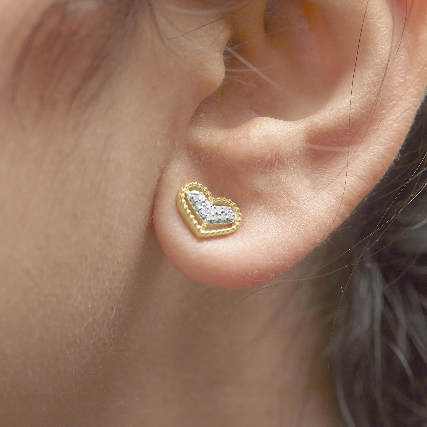 10K Yellow Gold 1/10 Cttw Diamond Heart and Beaded Halo Stud Earrings (I-J Color, I1-I2 Clarity)-2