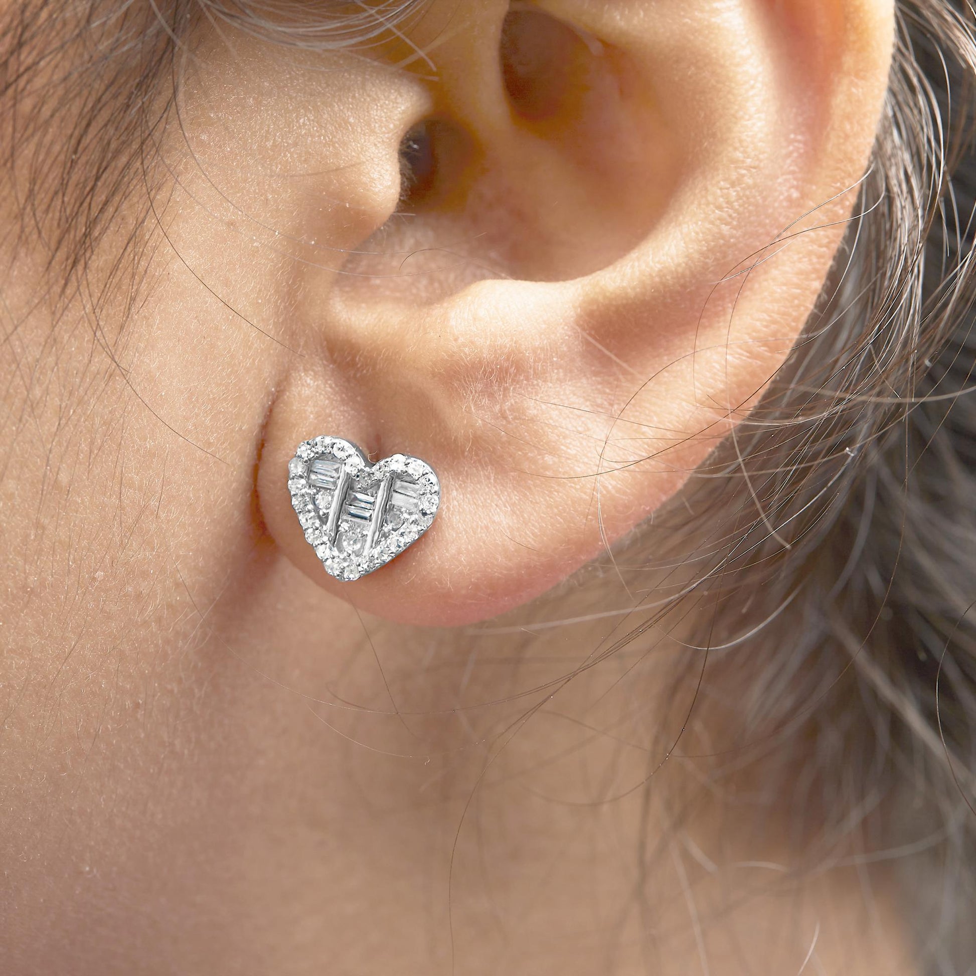 .925 Sterling Silver 1/2 Cttw Round and Baguette Diamond Composite Heart Shaped Stud Earring (I-J Color, SI2-I1 Clarity)-4