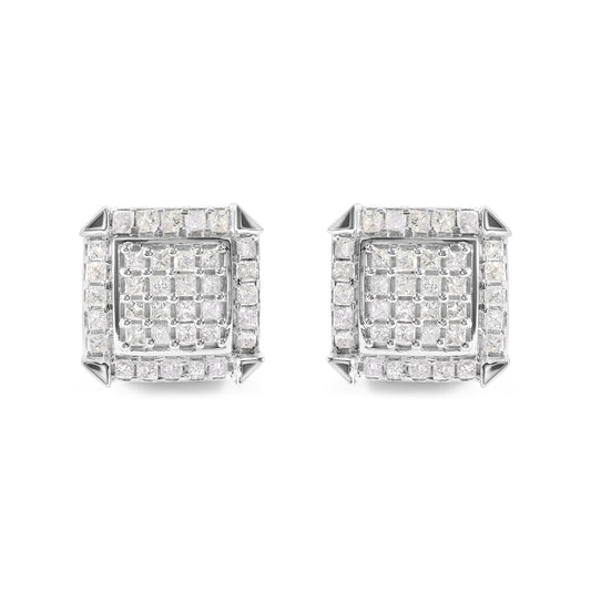10K White Gold 1 1/10 Cttw Princess Diamond Composite and Halo Stud Earrings (I-J Color, I1-I2 Clarity)-0