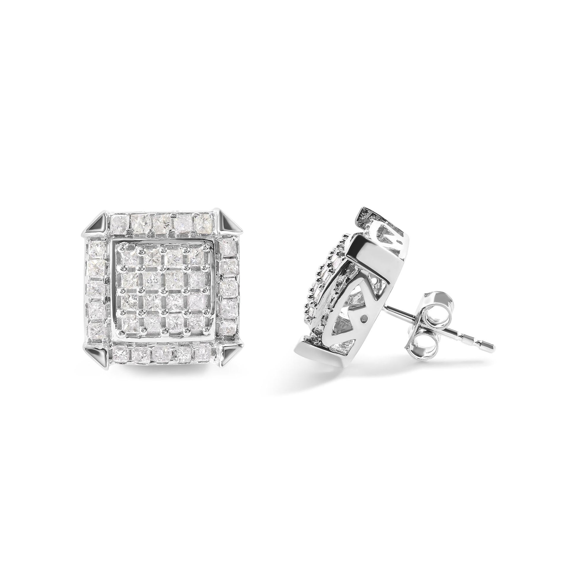 10K White Gold 1 1/10 Cttw Princess Diamond Composite and Halo Stud Earrings (I-J Color, I1-I2 Clarity)-3