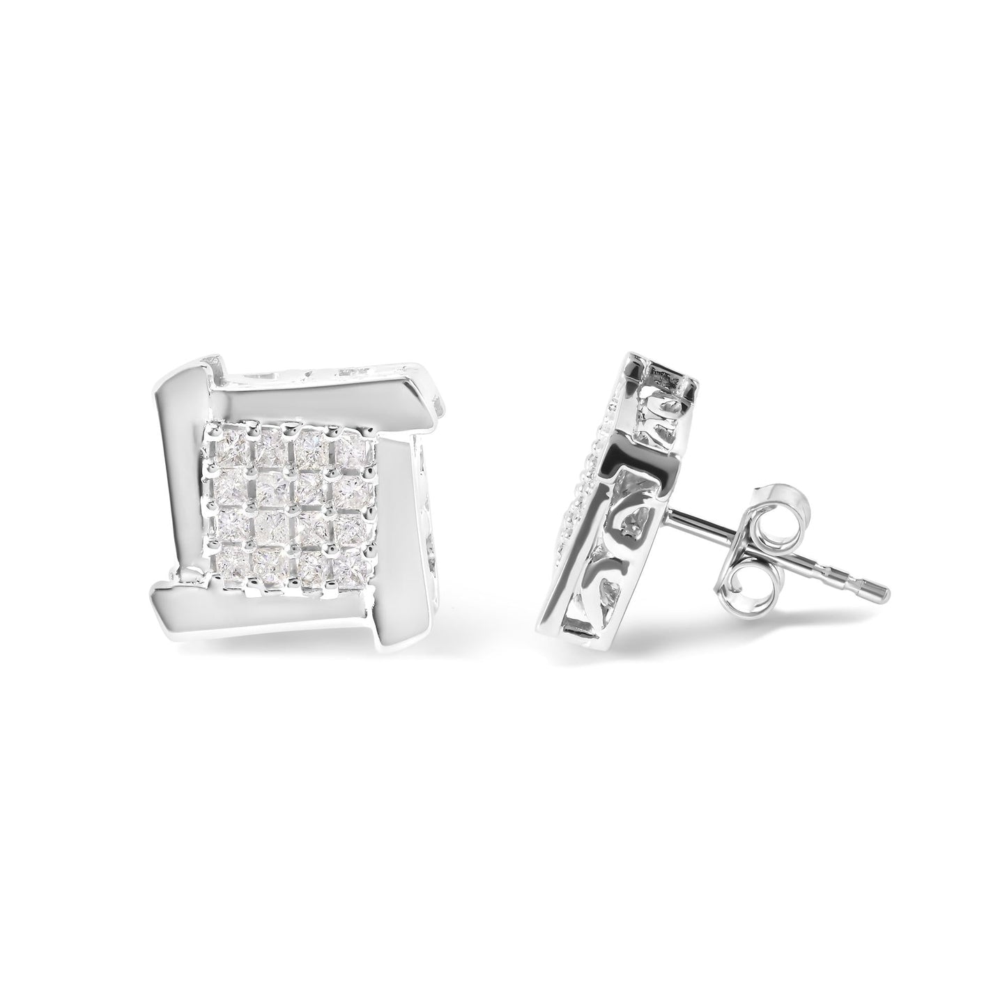 10K White Gold 1/2 Cttw Composite  Princess Diamond Square and Swirl Stud Earrings (I-J Color, I1-I2 Clarity)-3