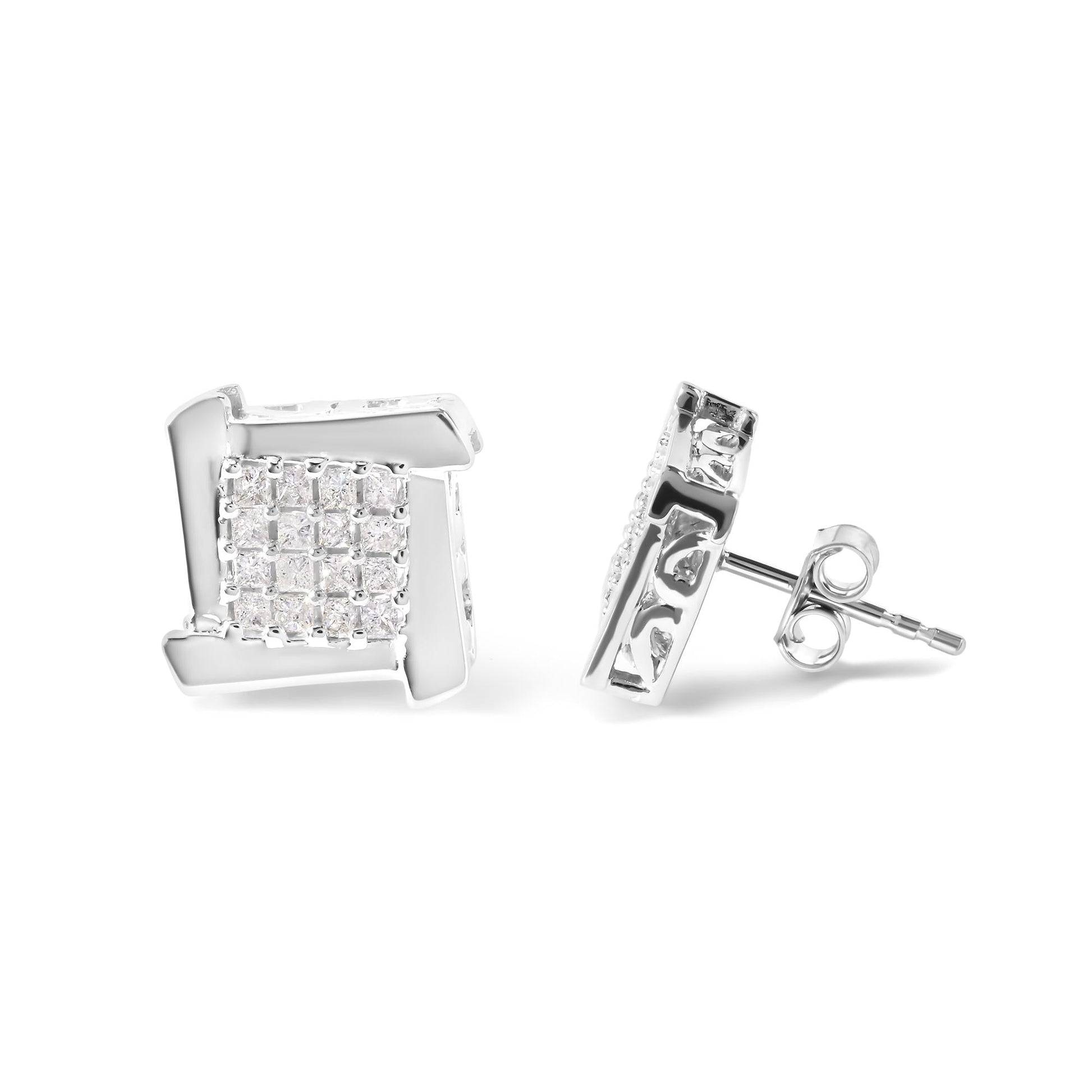 10K White Gold 1/2 Cttw Composite  Princess Diamond Square and Swirl Stud Earrings (I-J Color, I1-I2 Clarity)-3