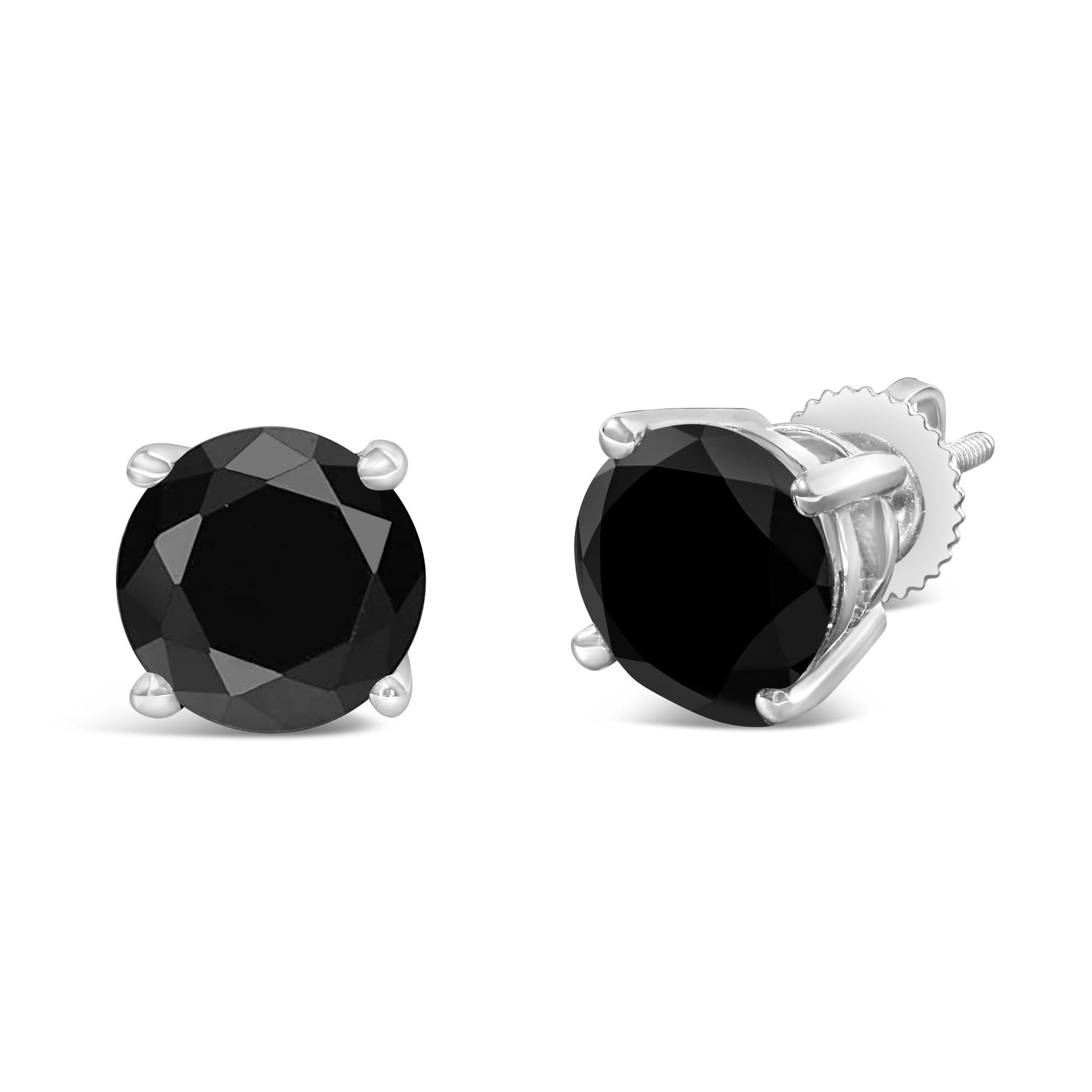 14K White Gold Round Brilliant-Cut Black Diamond Classic 4-Prong Stud Earrings with Screw Backs (Fancy Color-Enhanced, I2-I3 Clarity)-3