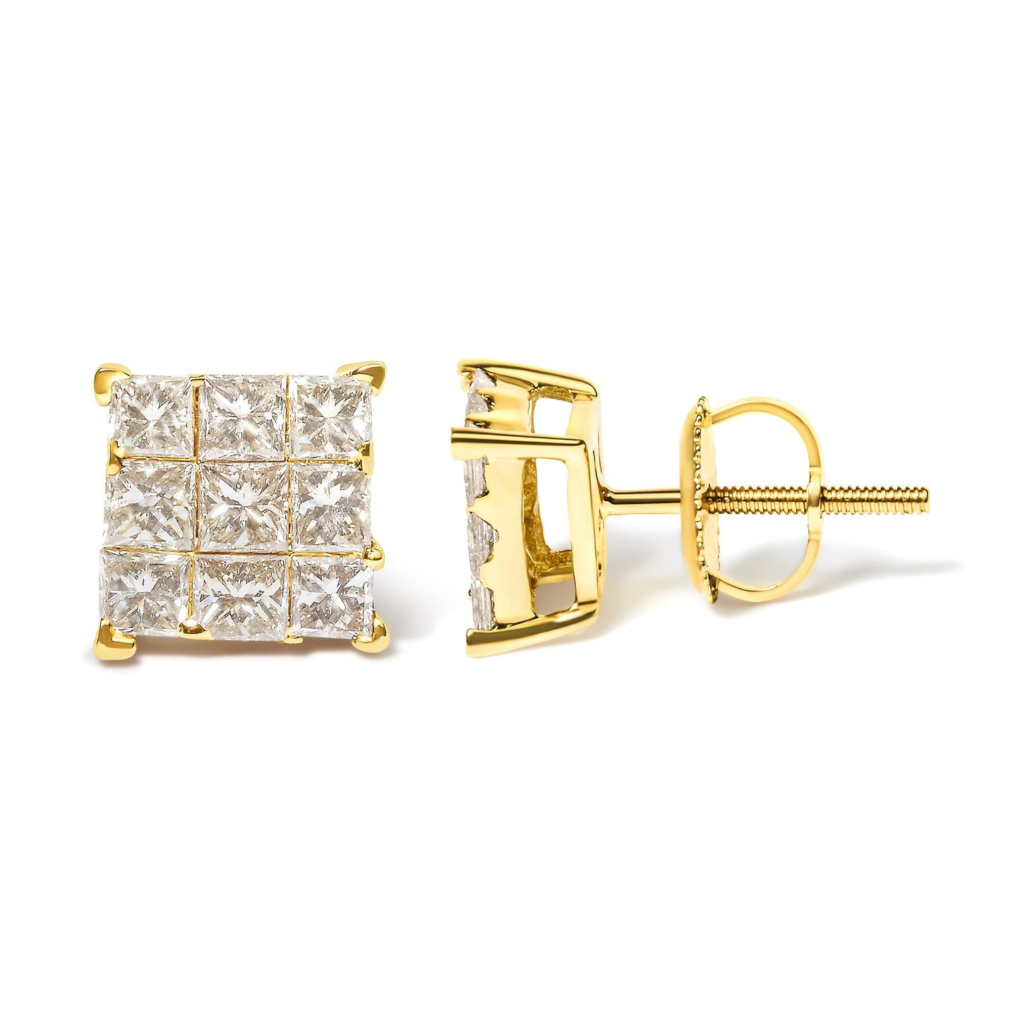 14K Yellow Gold 1 1/2 Cttw Invisible Set Princess-Cut Diamond 9 Stone Square Stud Earrings (J-K Color, SI2-I1 Clarity)-3