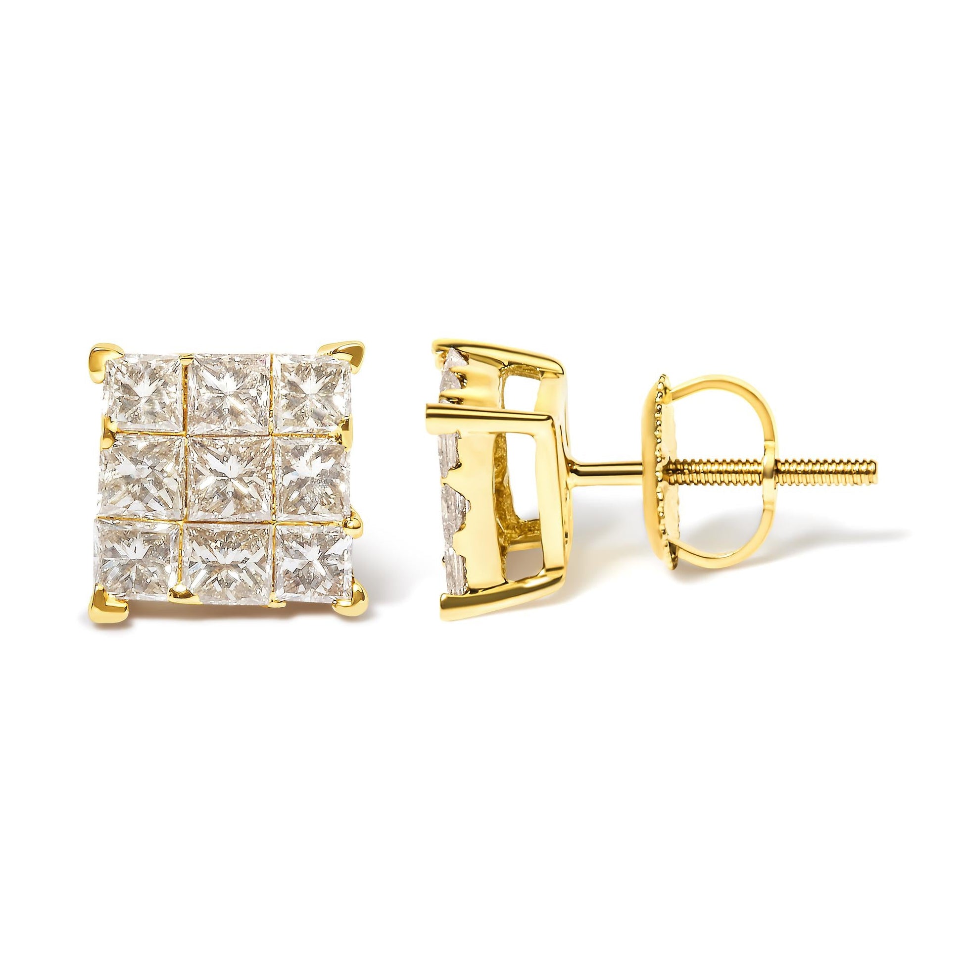 14K Yellow Gold 1 1/2 Cttw Invisible Set Princess-Cut Diamond 9 Stone Square Stud Earrings (J-K Color, SI2-I1 Clarity)-3