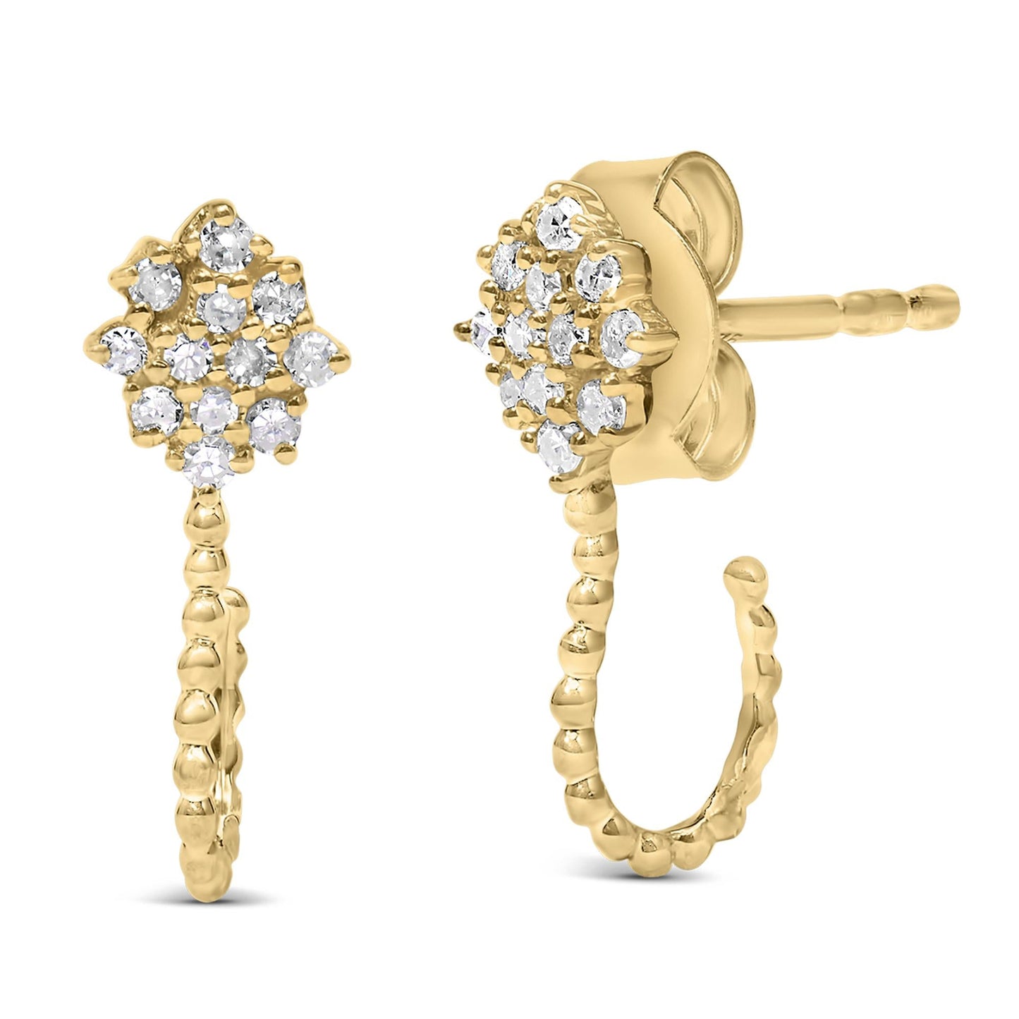 14K Yellow Gold Plated .925 Sterling Silver 1/10 Cttw Diamond Floral Cluster and Beaded Hoop Stud Earrings (H-I Color, I1-I2 Clarity)-0