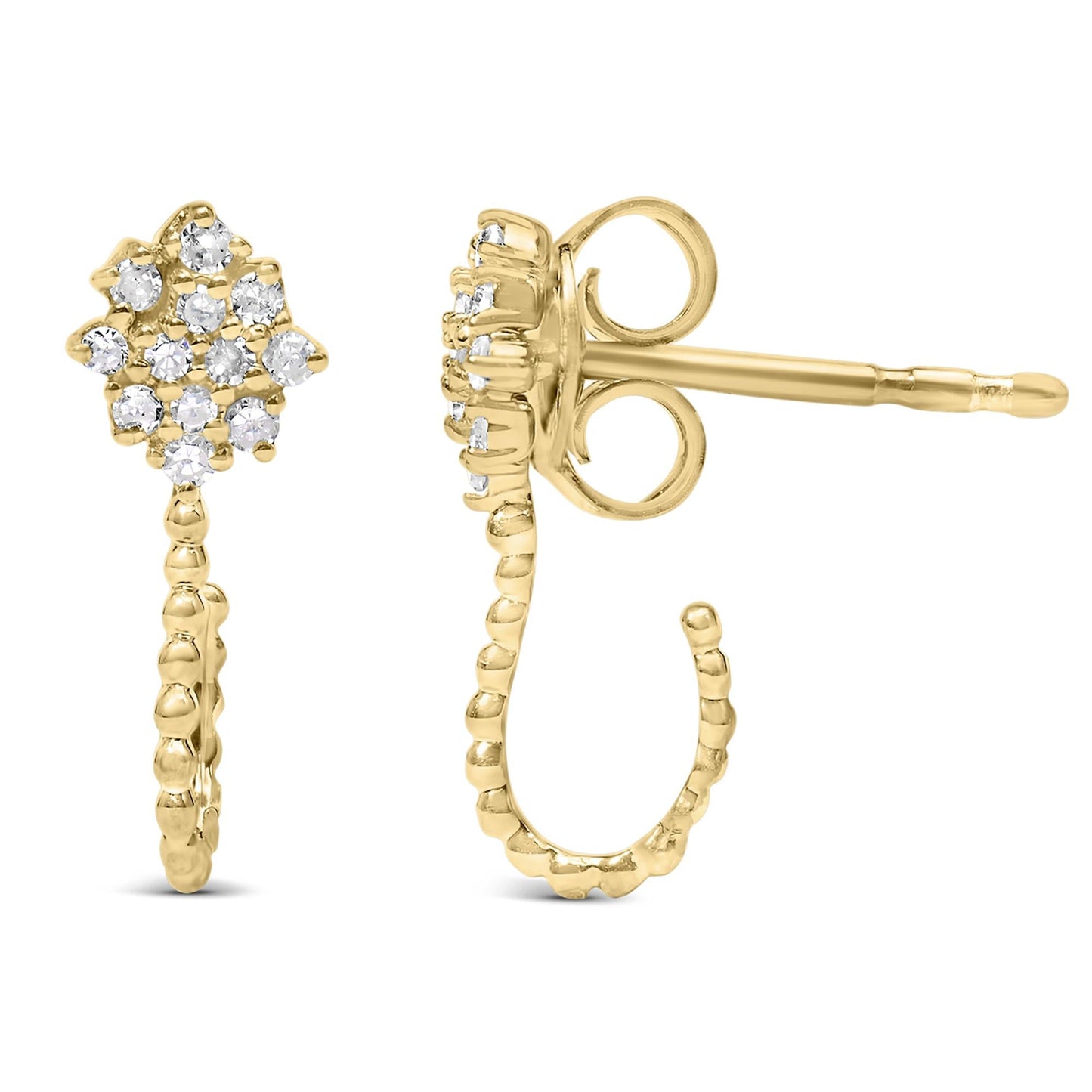 14K Yellow Gold Plated .925 Sterling Silver 1/10 Cttw Diamond Floral Cluster and Beaded Hoop Stud Earrings (H-I Color, I1-I2 Clarity)-3