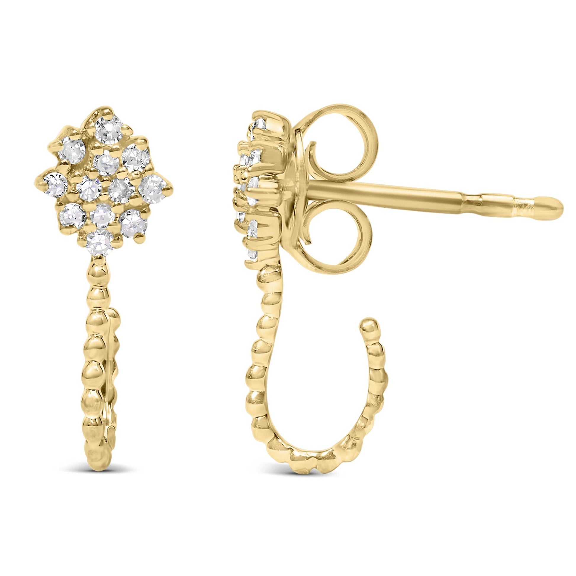 14K Yellow Gold Plated .925 Sterling Silver 1/10 Cttw Diamond Floral Cluster and Beaded Hoop Stud Earrings (H-I Color, I1-I2 Clarity)-3