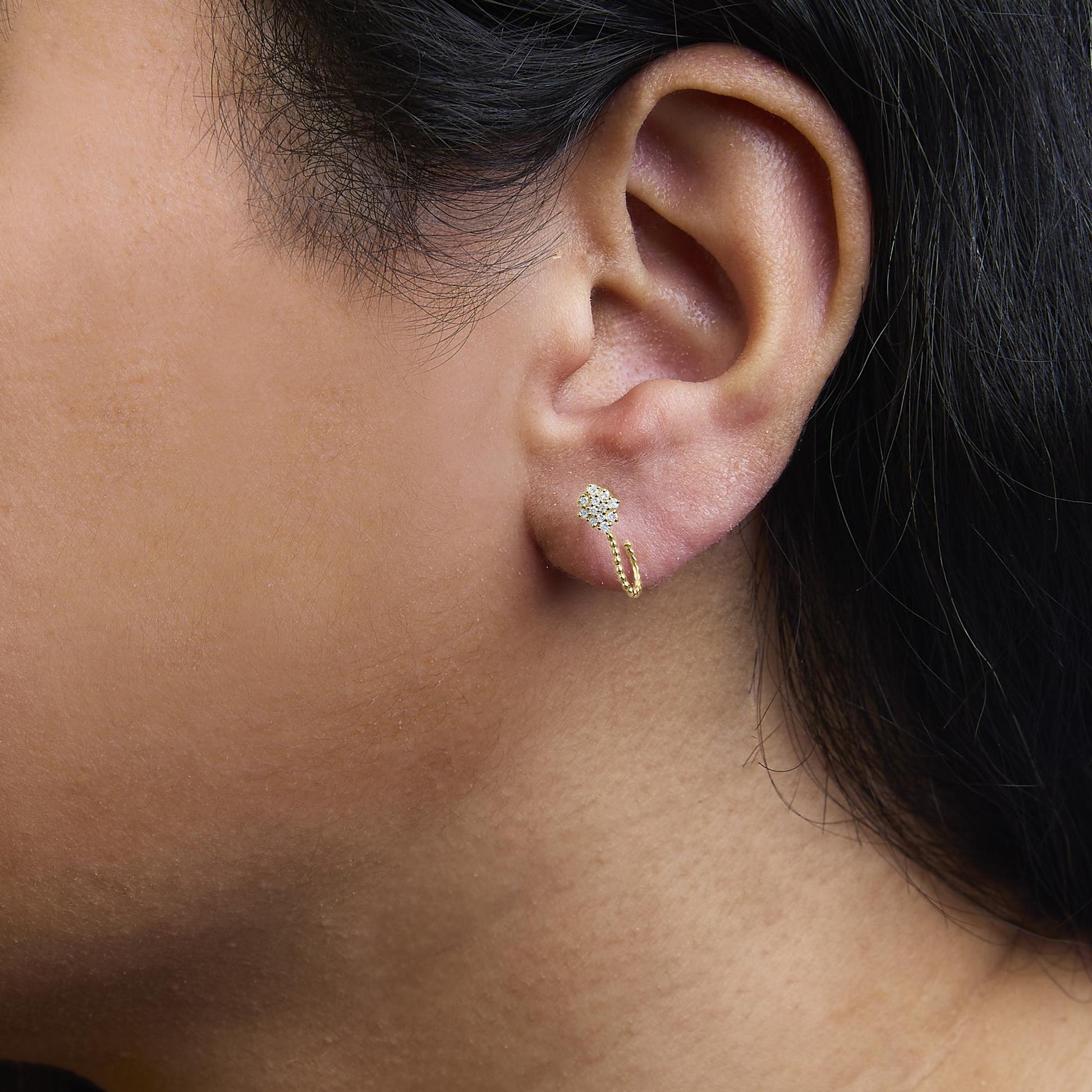 14K Yellow Gold Plated .925 Sterling Silver 1/10 Cttw Diamond Floral Cluster and Beaded Hoop Stud Earrings (H-I Color, I1-I2 Clarity)-2