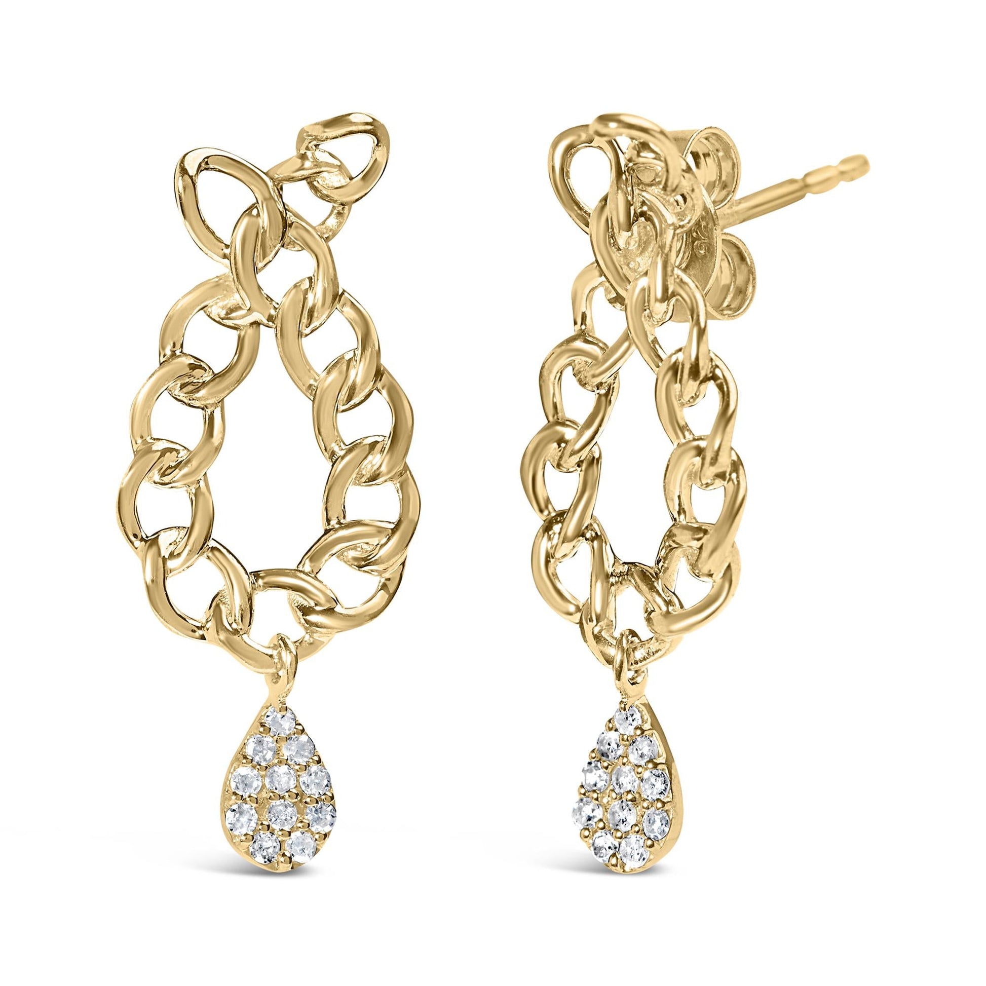 14K Yellow Gold Plated .925 Sterling Silver 1/10 Cttw Diamond Chain Link Teardrop Dangle Earrings (H-I Color, I1-I2 Clarity)-1