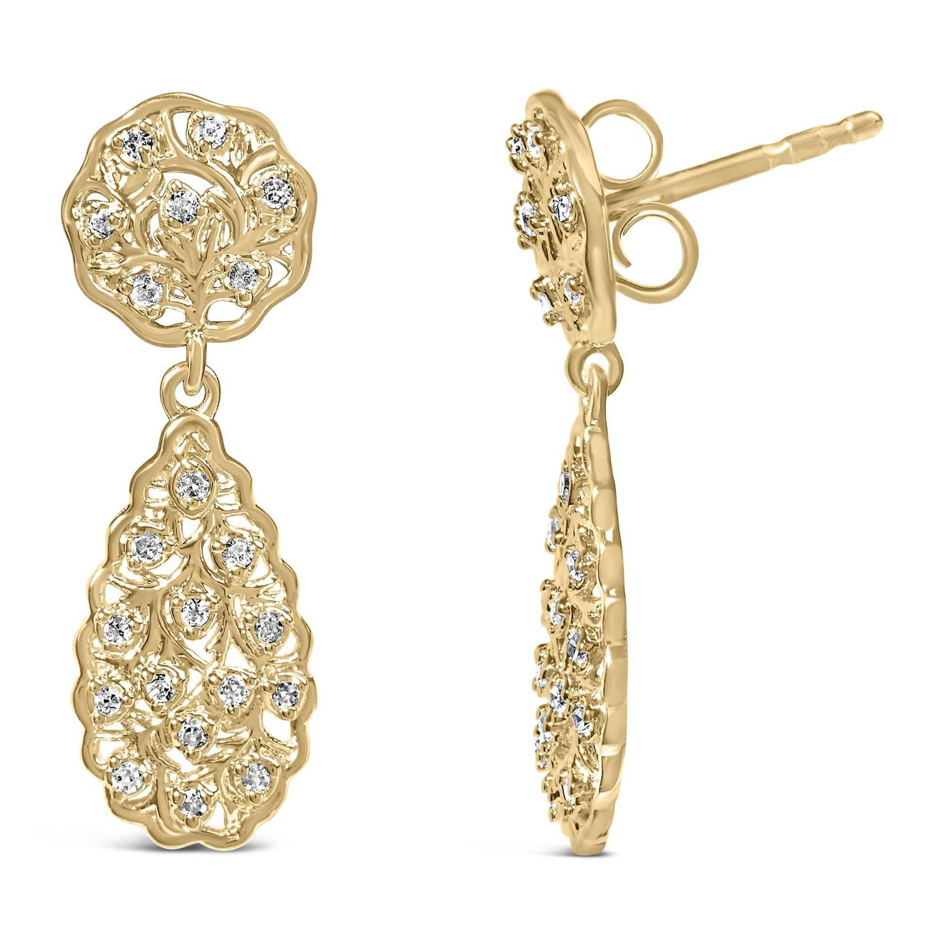14K Yellow Gold Plated Sterling Silver 1/5 Cttw Diamond Teardrop Filigree Earrings (H-I Color, I1-I2 Clarity)-3