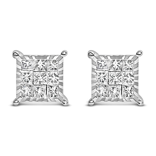 Sterling Silver 1/2 Cttw Princess Diamond Composite Square Stud Earrings-0