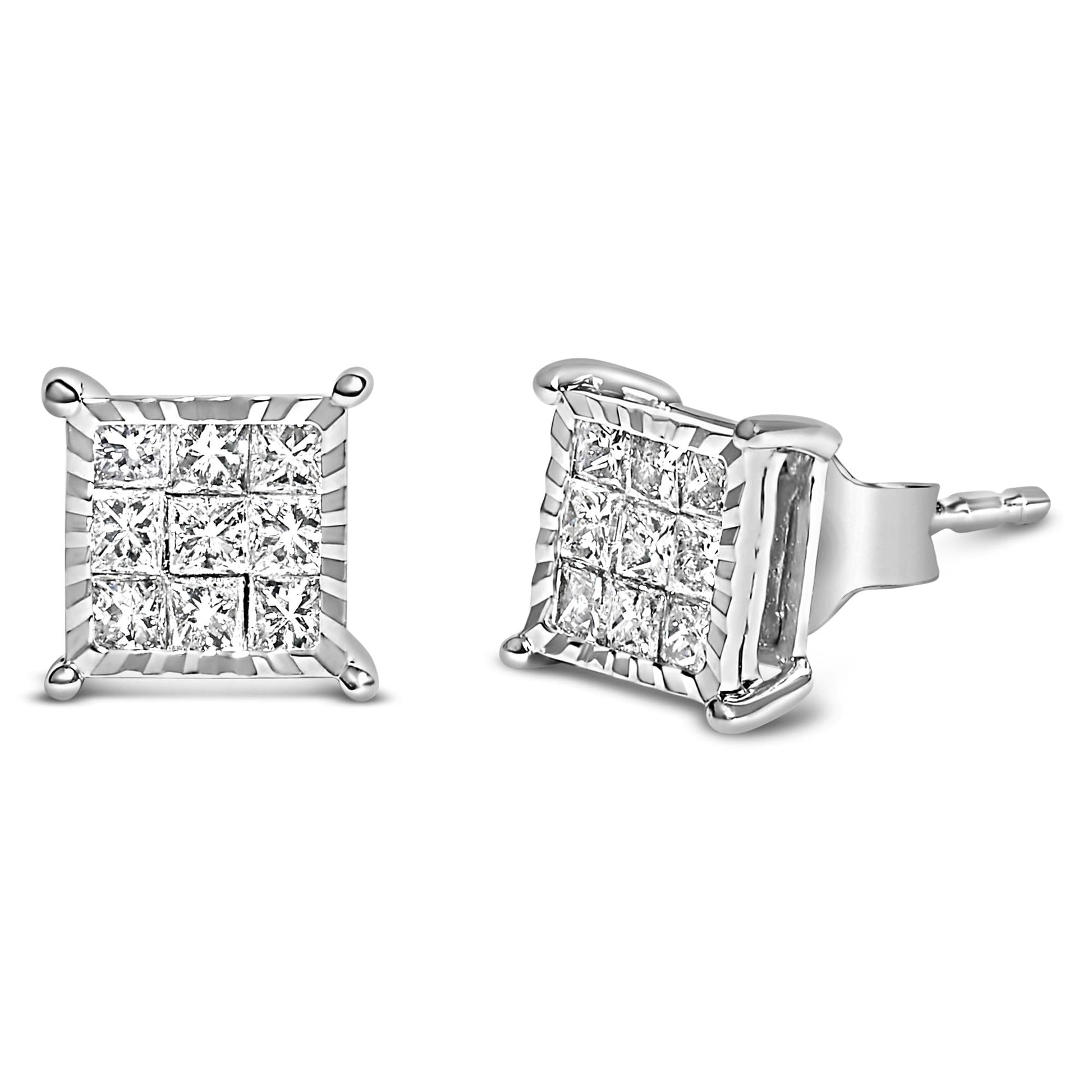 Sterling Silver 1/2 Cttw Princess Diamond Composite Square Stud Earrings-1