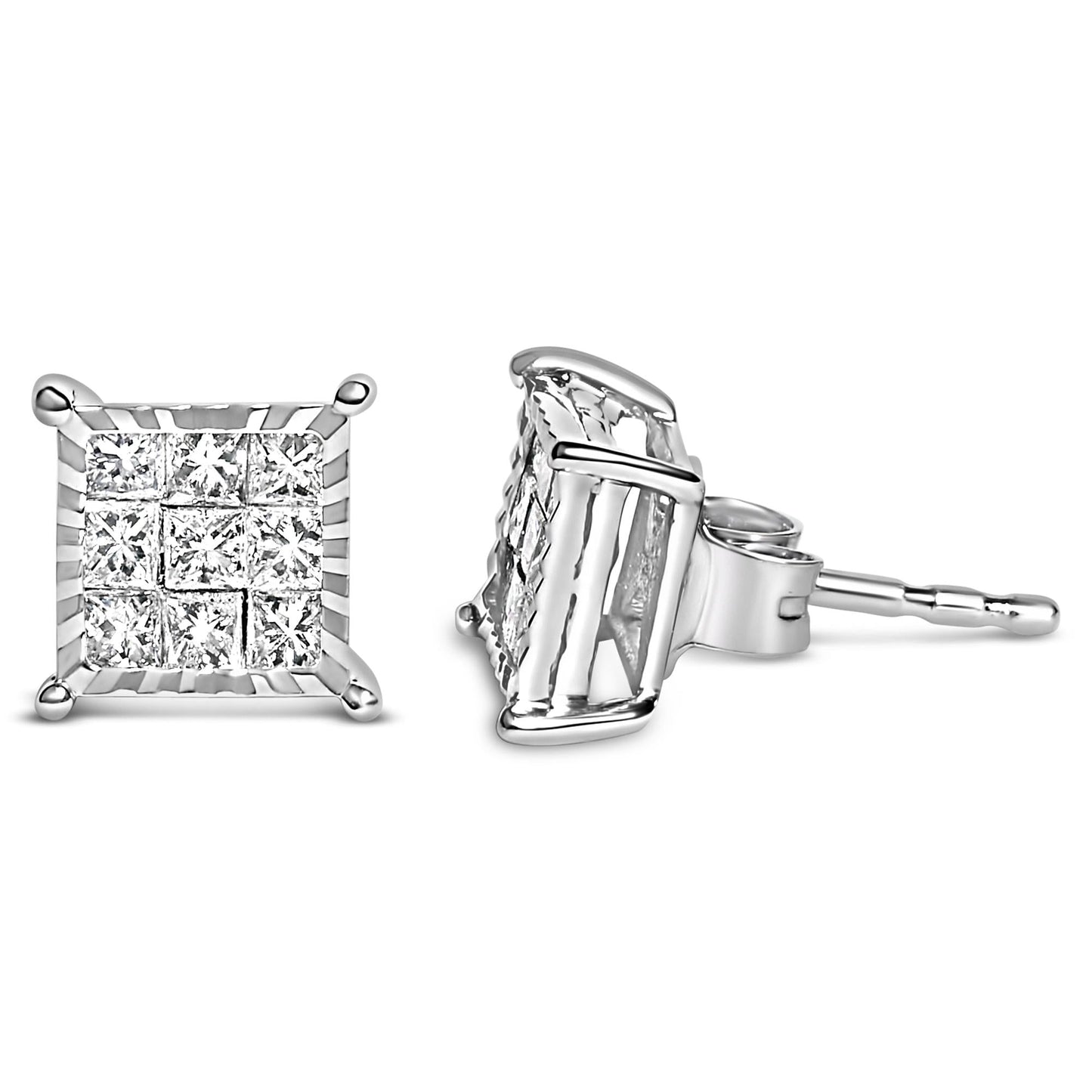 Sterling Silver 1/2 Cttw Princess Diamond Composite Square Stud Earrings-3