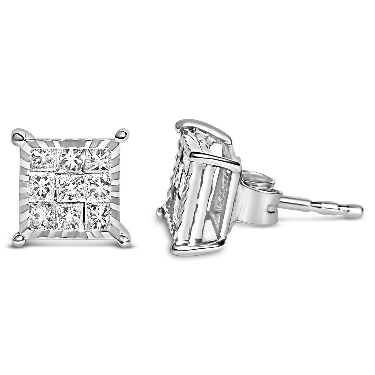 Sterling Silver 1/2 Cttw Princess Diamond Composite Square Stud Earrings