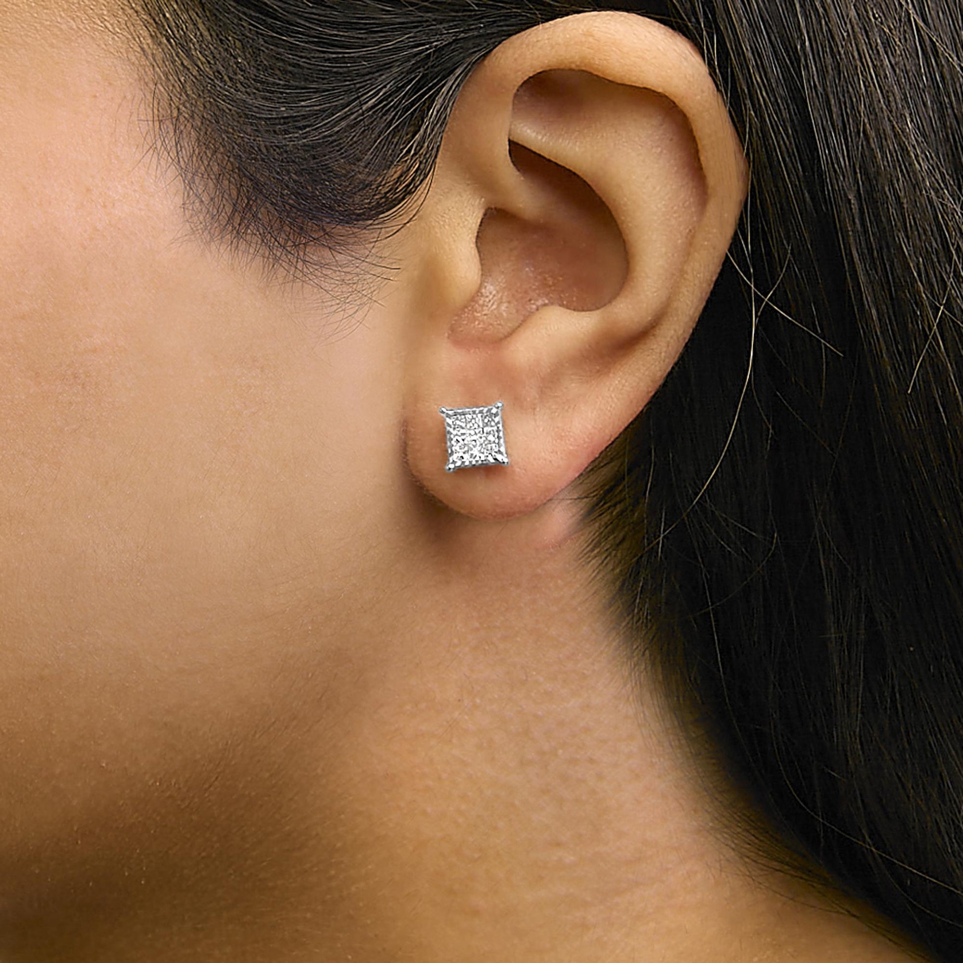 Sterling Silver 1/2 Cttw Princess Diamond Composite Square Stud Earrings-2