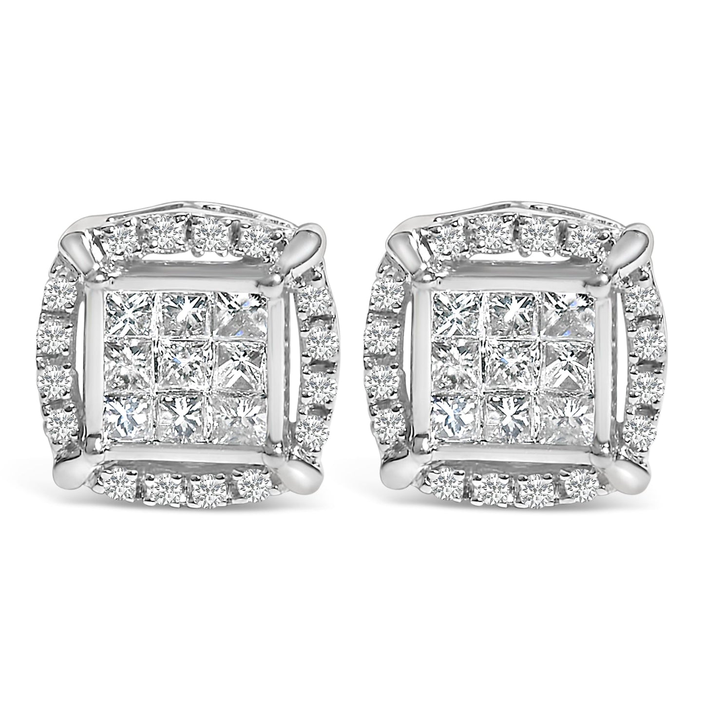 Sterling Silver 1/2 Cttw Princess Cut Diamond Composite and Halo Stud Earrings-0
