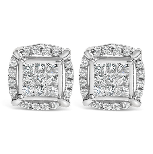 Sterling Silver 1/2 Cttw Princess Cut Diamond Composite and Halo Stud Earrings-0