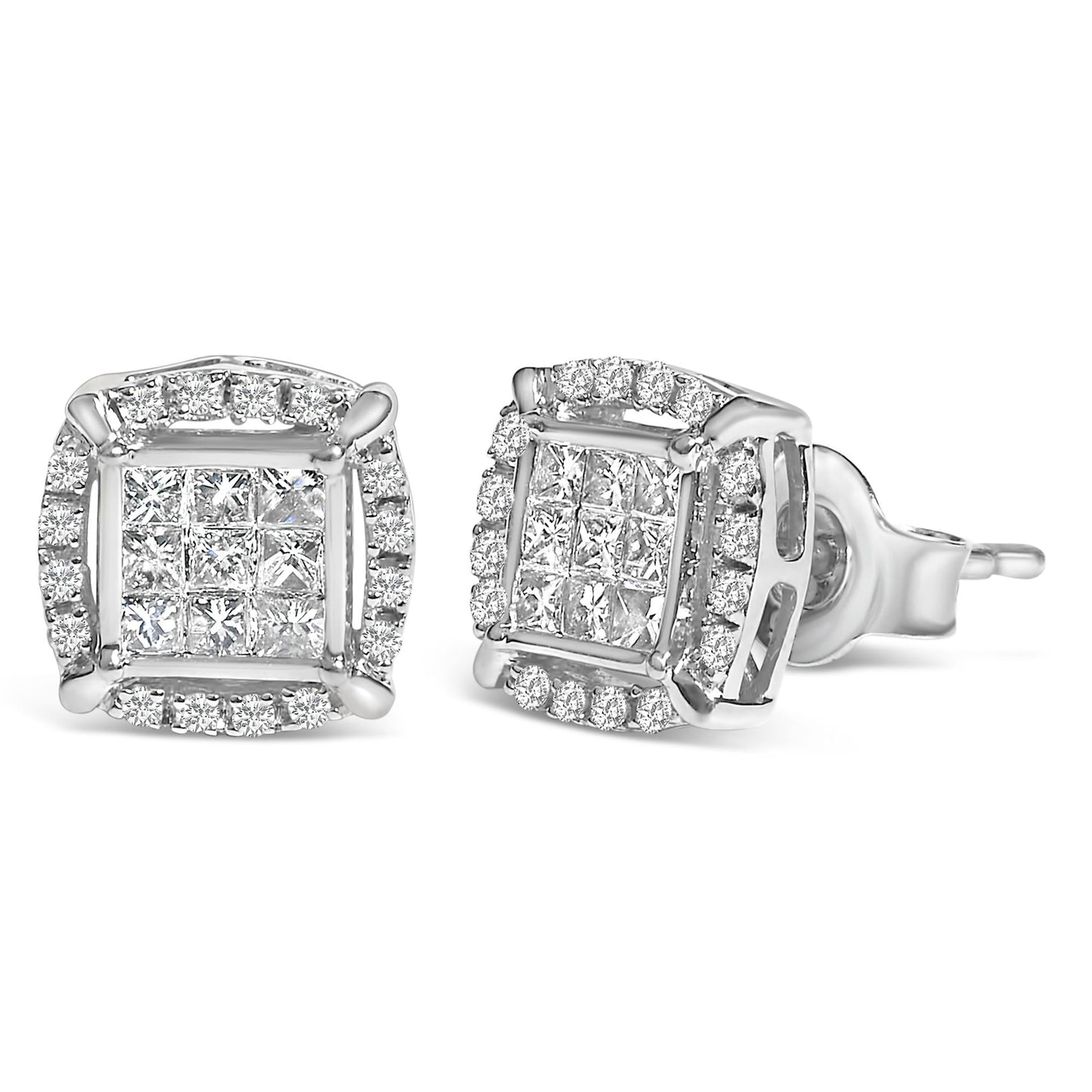 Sterling Silver 1/2 Cttw Princess Cut Diamond Composite and Halo Stud Earrings-1