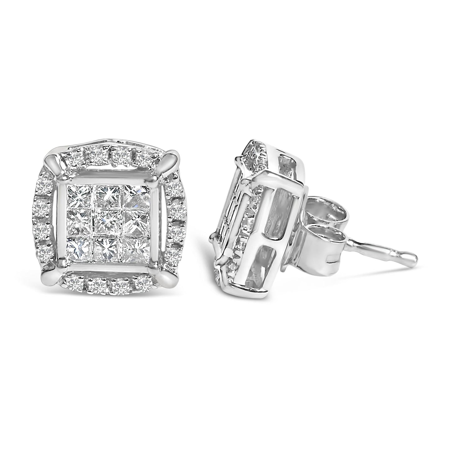 Sterling Silver 1/2 Cttw Princess Cut Diamond Composite and Halo Stud Earrings-3