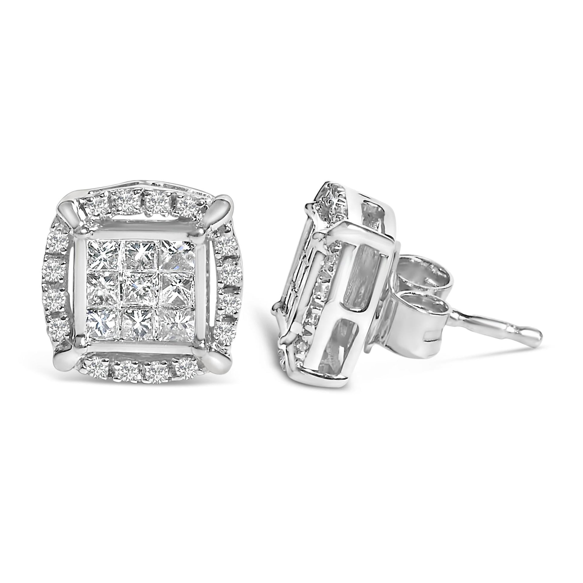 Sterling Silver 1/2 Cttw Princess Cut Diamond Composite and Halo Stud Earrings-3