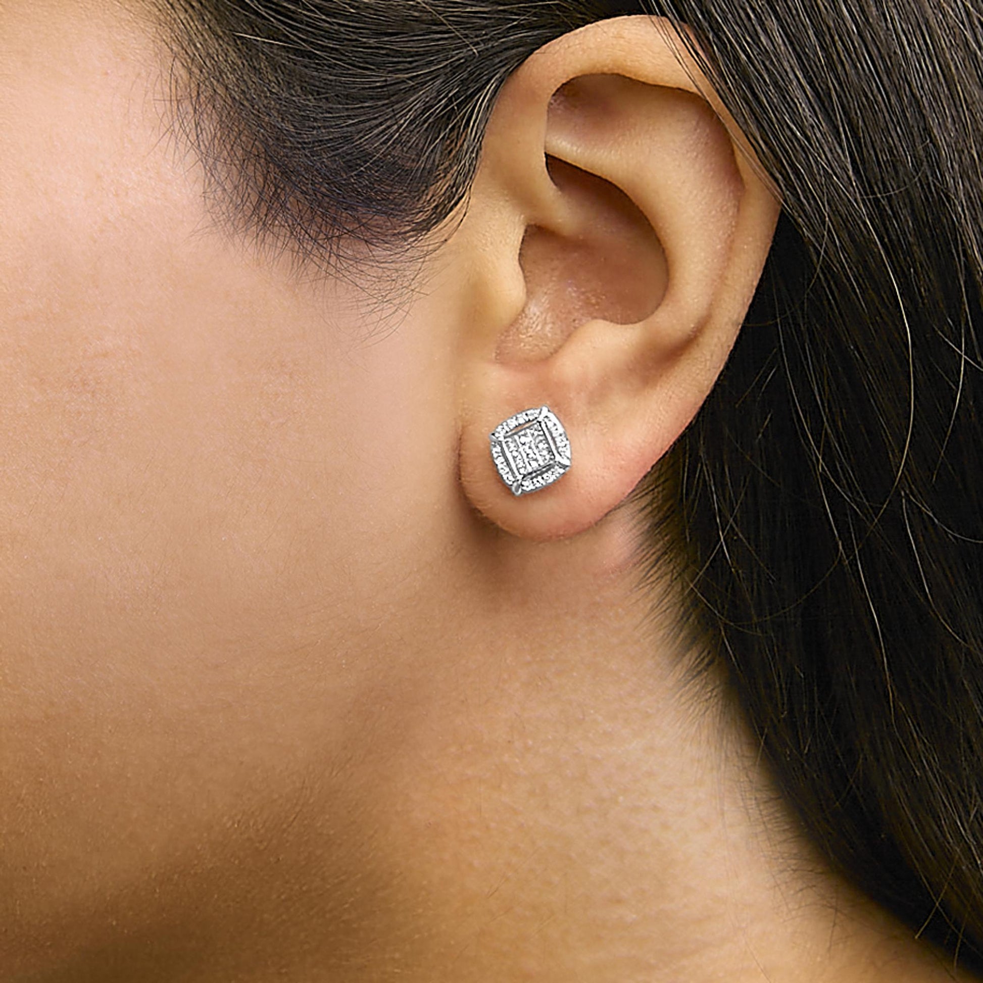Sterling Silver 1/2 Cttw Princess Cut Diamond Composite and Halo Stud Earrings-2