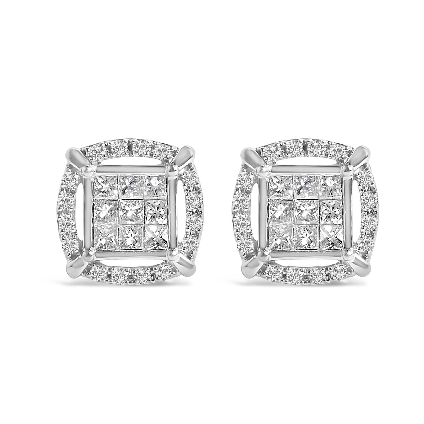 Sterling Silver 1 Cttw Princess Cut Diamond Square Halo Stud Earrings-0