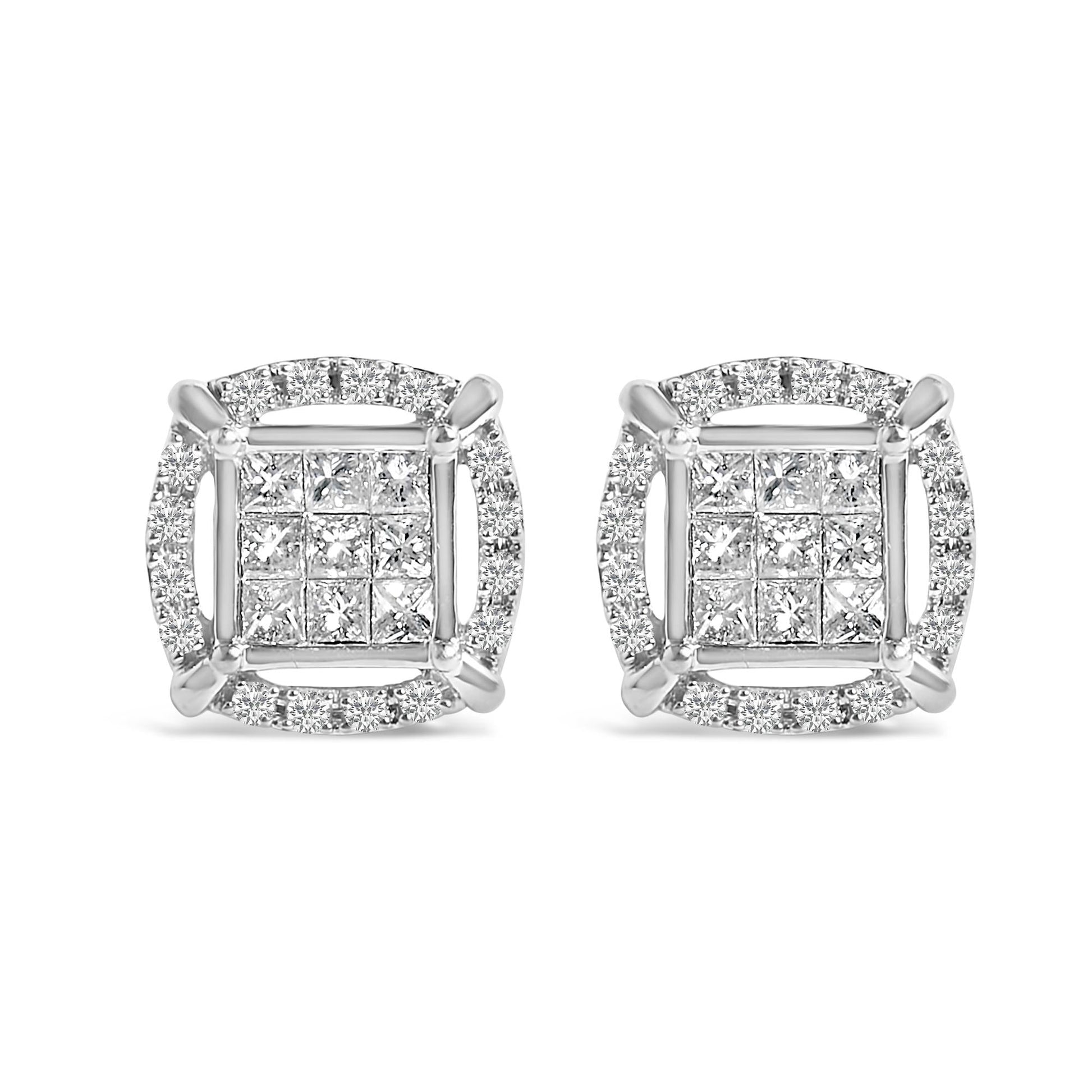 Sterling Silver 1 Cttw Princess Cut Diamond Square Halo Stud Earrings-0