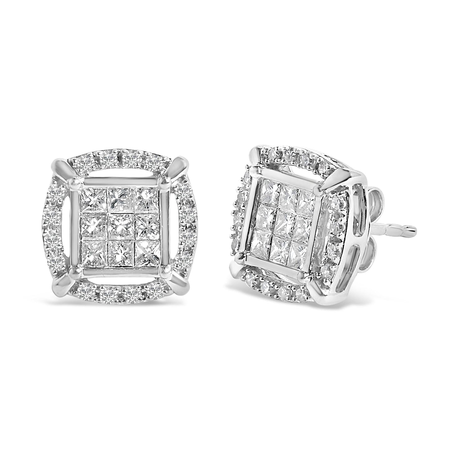 Sterling Silver 1 Cttw Princess Cut Diamond Square Halo Stud Earrings-1