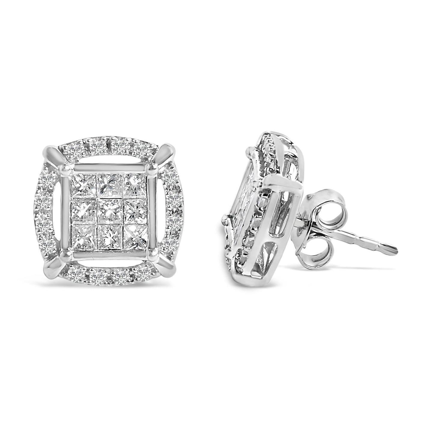 Sterling Silver 1 Cttw Princess Cut Diamond Square Halo Stud Earrings-3