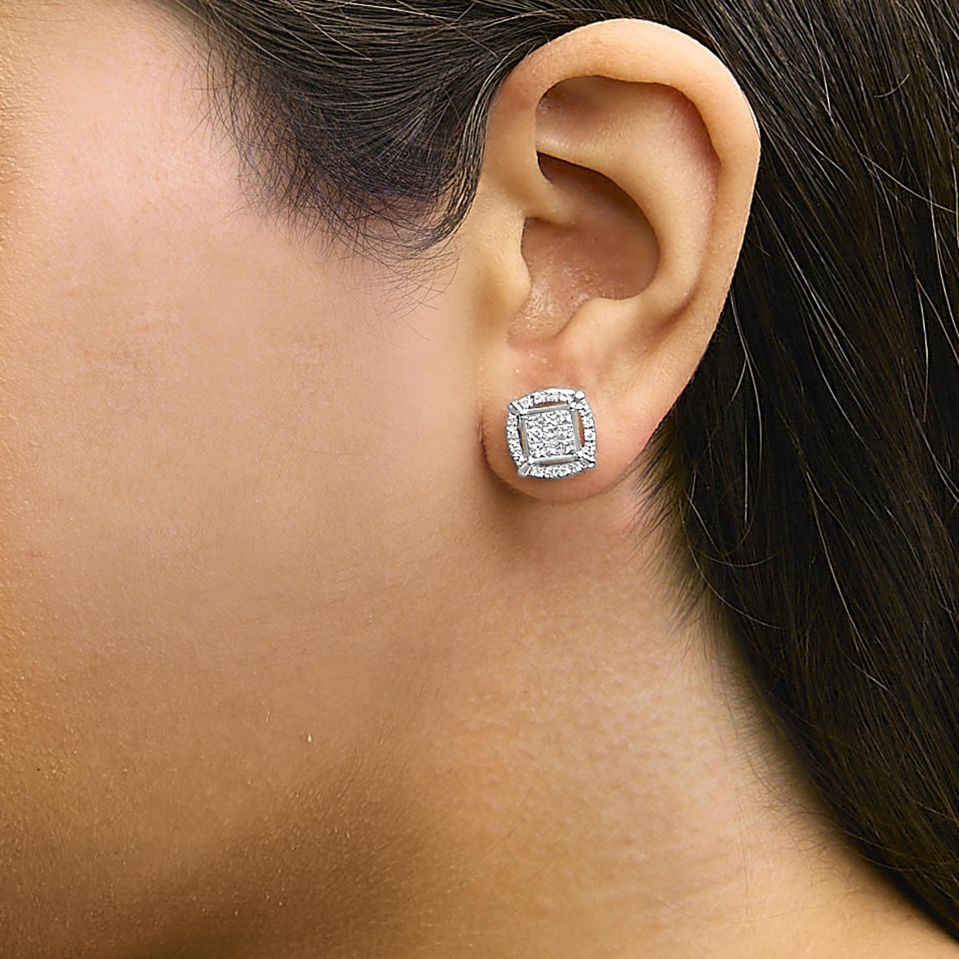 Sterling Silver 1 Cttw Princess Cut Diamond Square Halo Stud Earrings-2