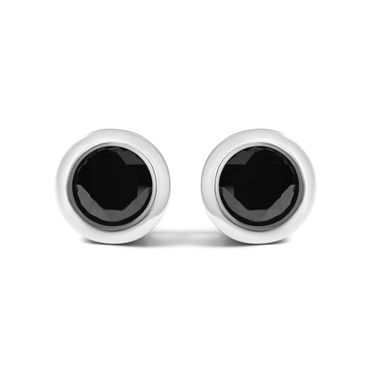 .925 Sterling Silver Round Brilliant-Cut Black Diamond Bezel-Set Stud Earrings with Screw Backs (Fancy Color-Enhanced, I2-I3 Clarity)-0